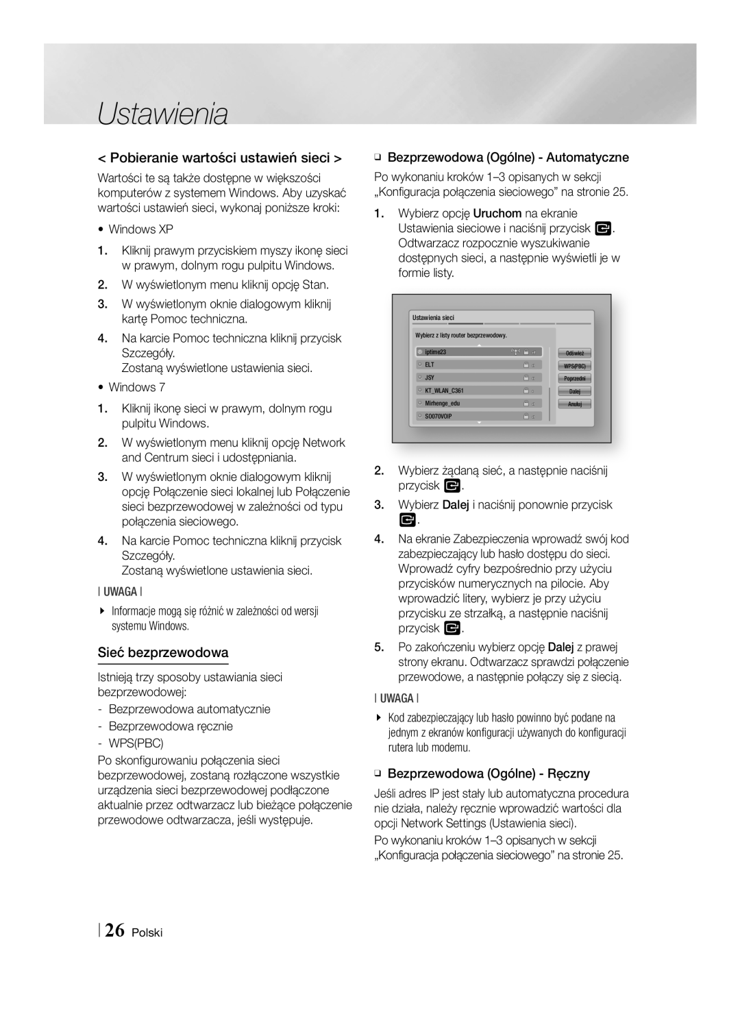 Samsung BD-E6100/EN manual Pobieranie wartości ustawień sieci, Sieć bezprzewodowa 