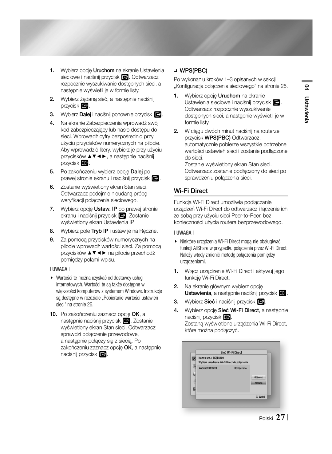 Samsung BD-E6100/EN manual Polski Ustawienia, Sieć Wi-Fi Direct 
