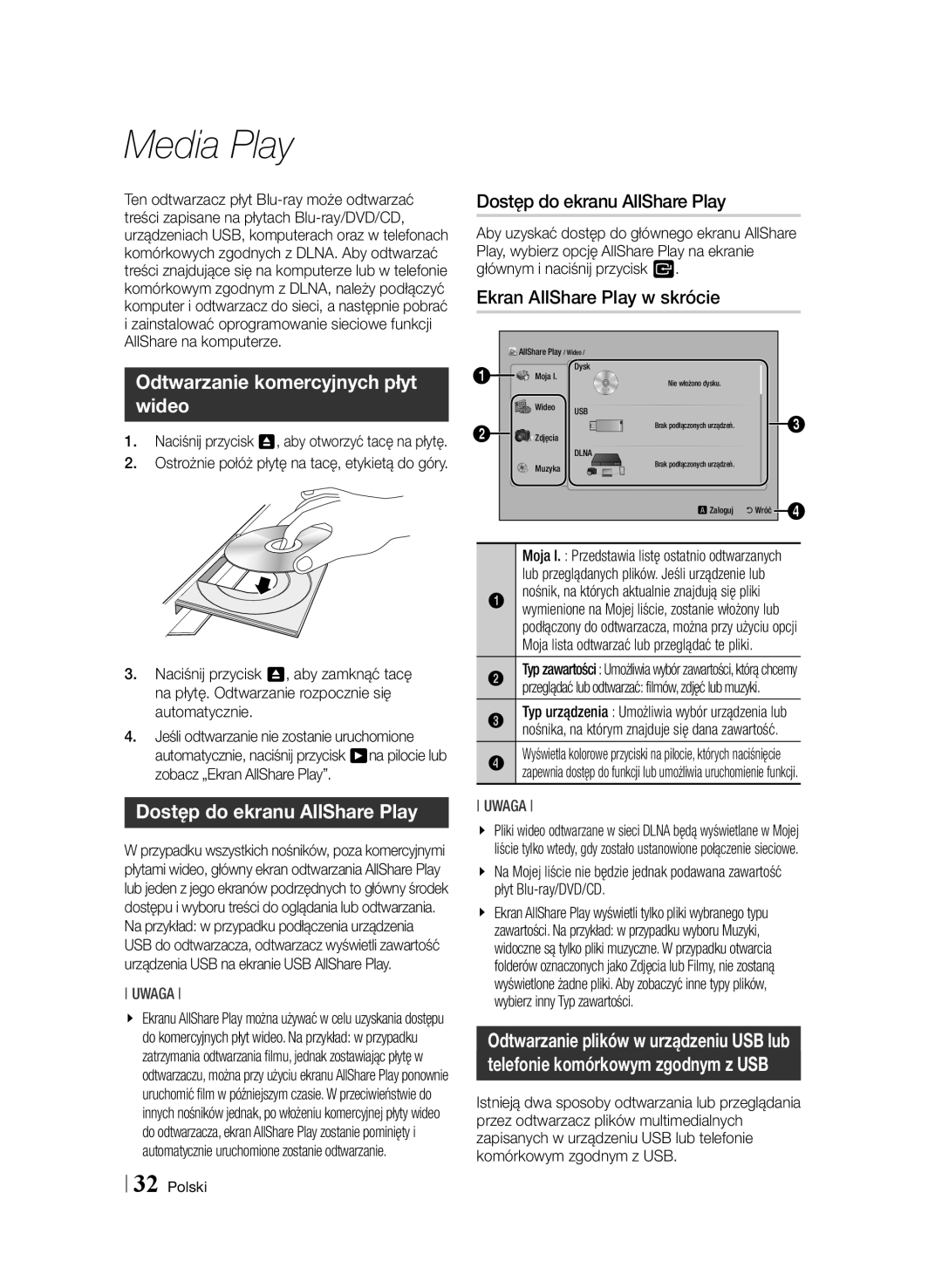 Samsung BD-E6100/EN manual Media Play, Odtwarzanie komercyjnych płyt wideo, Dostęp do ekranu AllShare Play 