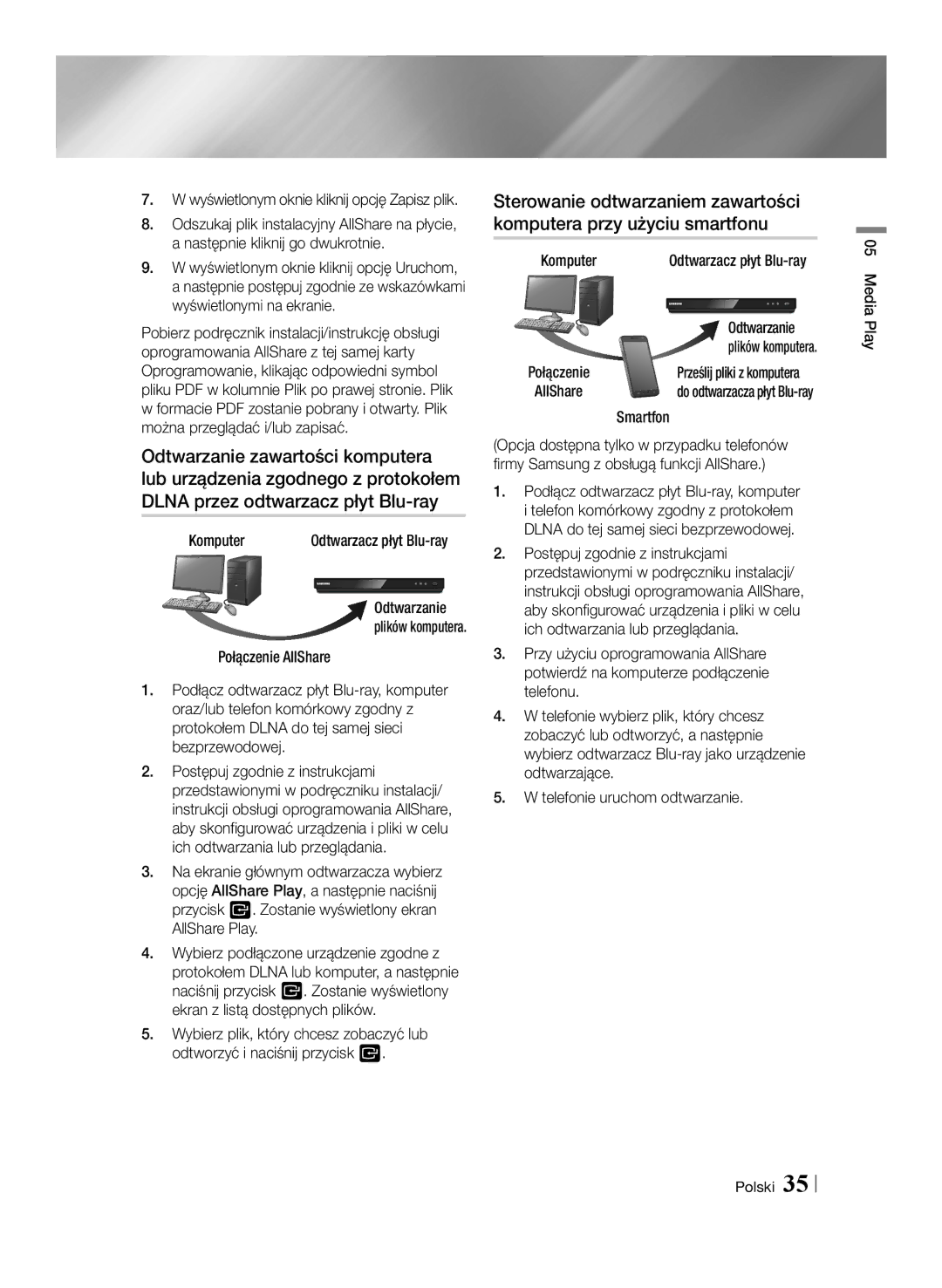 Samsung BD-E6100/EN manual Komputer, Smartfon, Wyświetlonym oknie kliknij opcję Zapisz plik, Odtwarzanie, Media Play Polski 