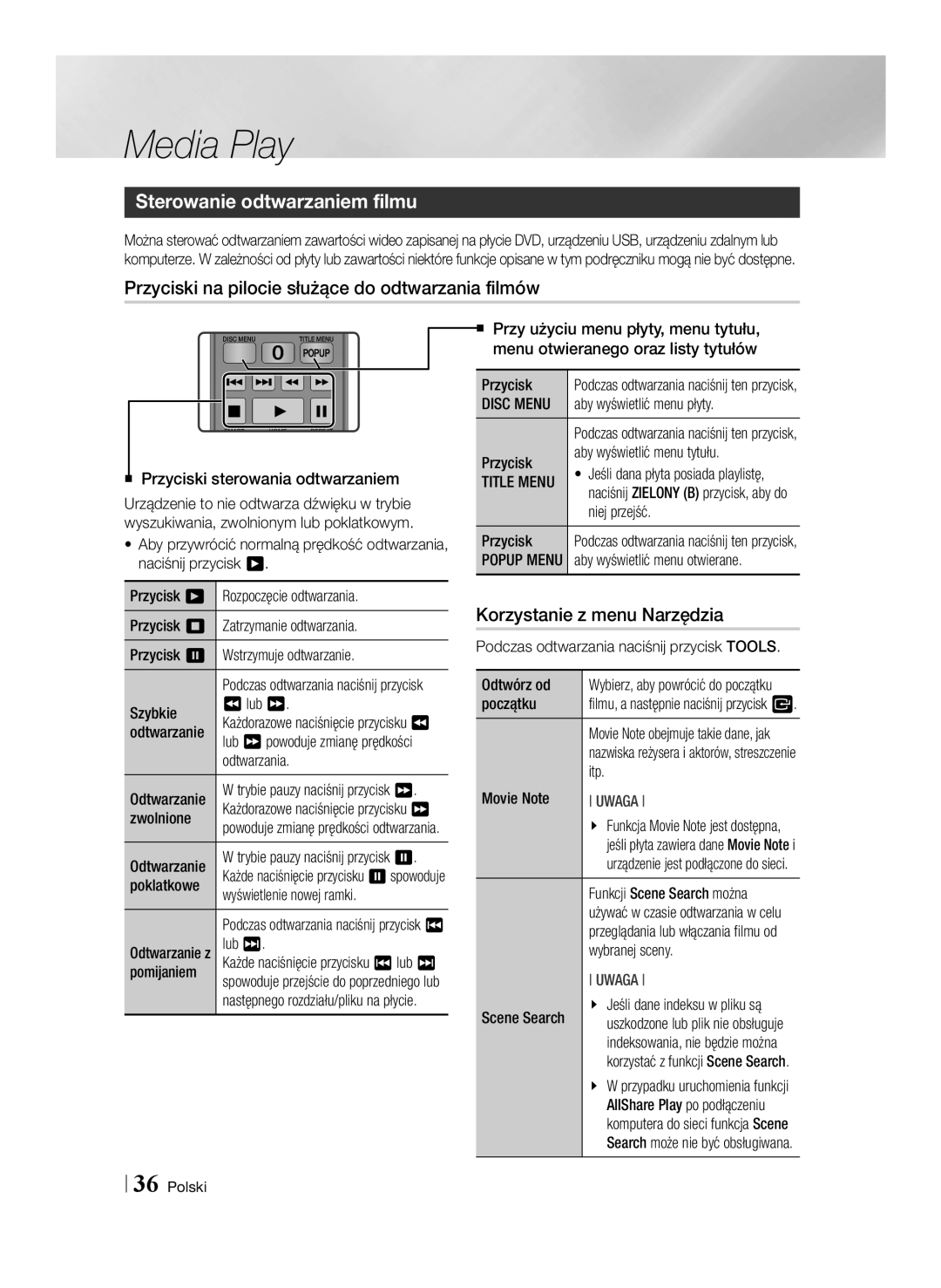 Samsung BD-E6100/EN manual Sterowanie odtwarzaniem filmu, Przyciski na pilocie służące do odtwarzania filmów 