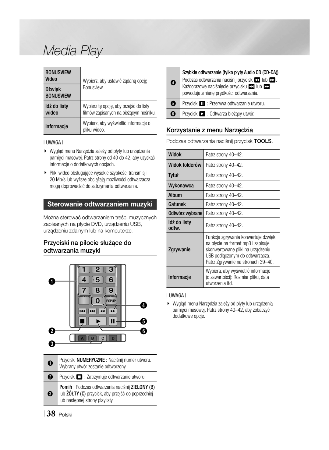 Samsung BD-E6100/EN manual Sterowanie odtwarzaniem muzyki, Przyciski na pilocie służące do odtwarzania muzyki 