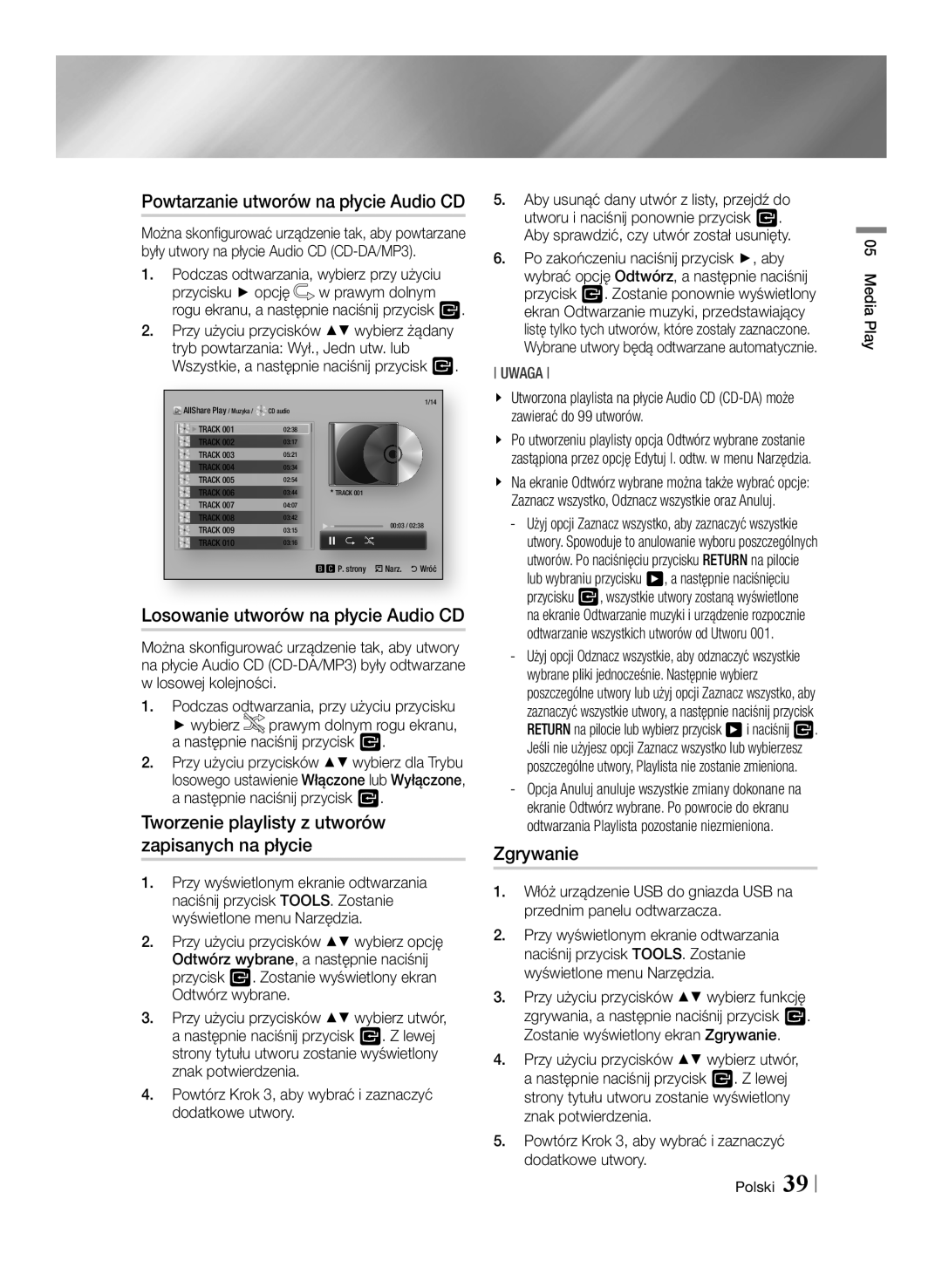 Samsung BD-E6100/EN manual Powtarzanie utworów na płycie Audio CD, Losowanie utworów na płycie Audio CD, Zgrywanie 