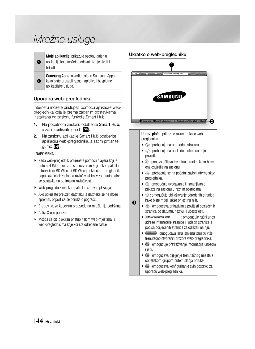 Samsung BD-E6100/EN manual Uporaba web-preglednika, Ukratko o web-pregledniku, Aplikacijske usluge 