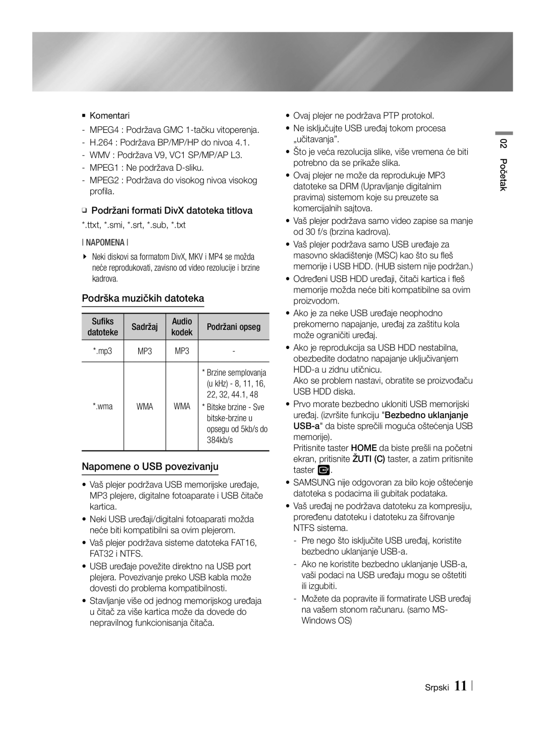 Samsung BD-E6100/EN manual Podrška muzičkih datoteka, Napomene o USB povezivanju, Bitske-brzine u, 384kb/s 