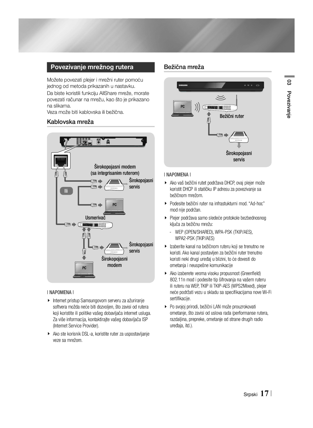 Samsung BD-E6100/EN manual Povezivanje mrežnog rutera, Bežična mreža, Kablovska mreža 