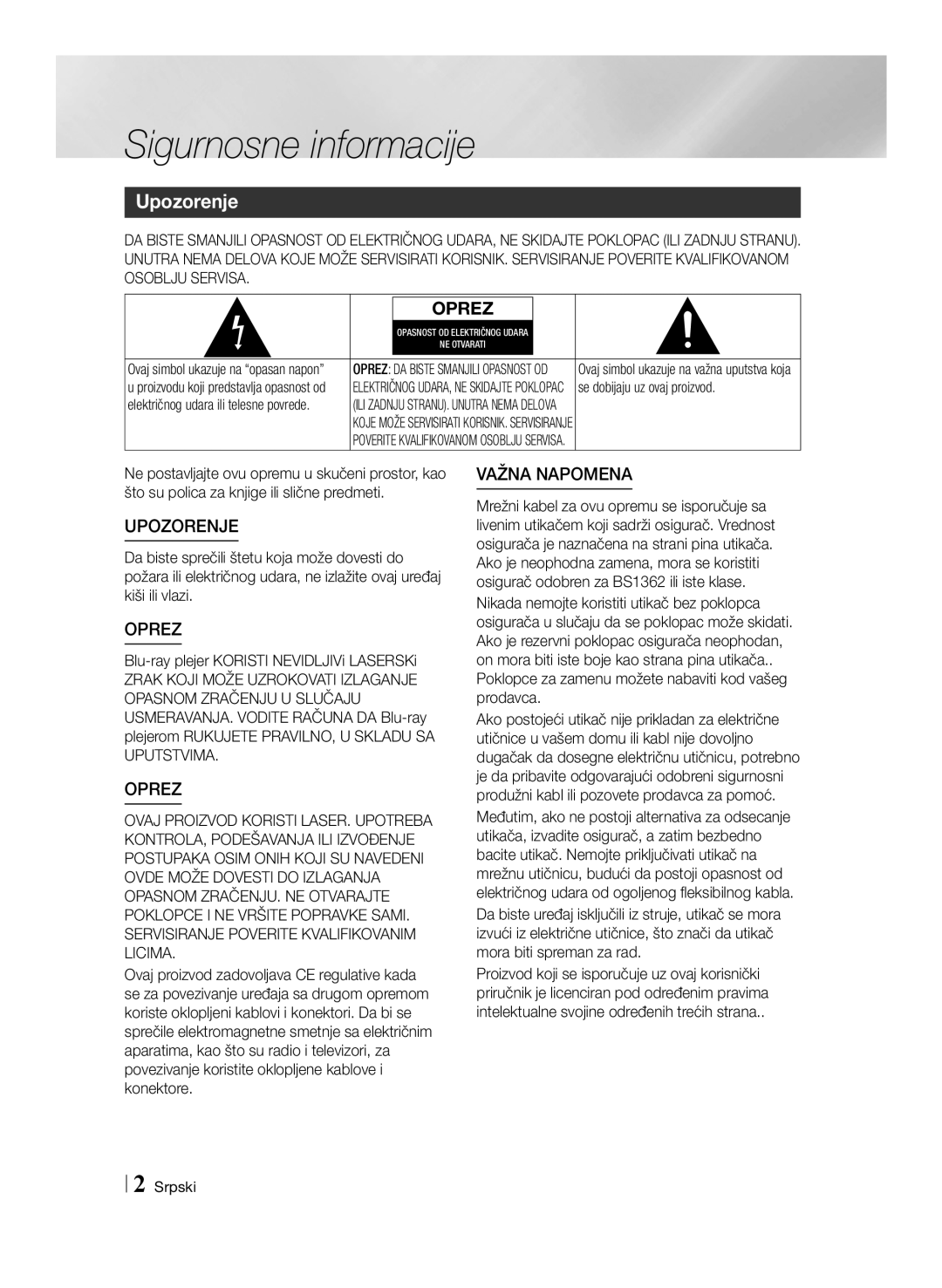 Samsung BD-E6100/EN manual Sigurnosne informacije, Upozorenje 