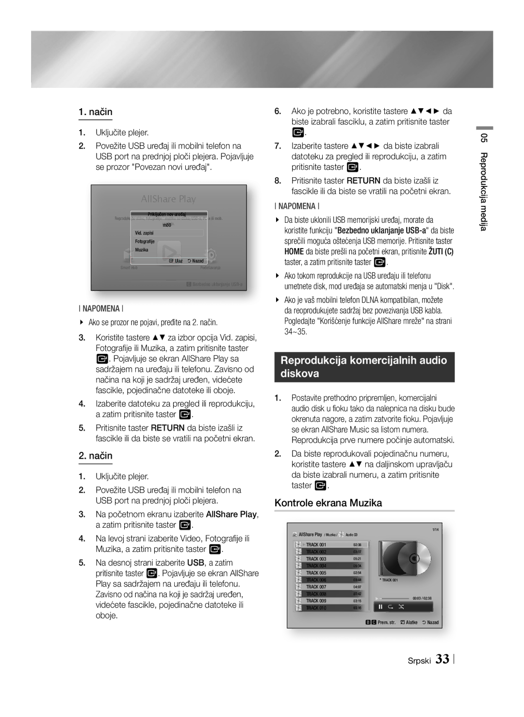 Samsung BD-E6100/EN manual Reprodukcija komercijalnih audio diskova, Kontrole ekrana Muzika, Način, Uključite plejer 