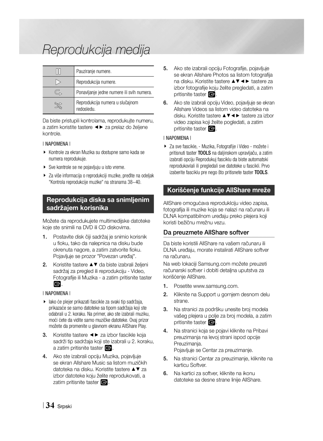 Samsung BD-E6100/EN manual Reprodukcija diska sa snimljenim sadržajem korisnika, Korišćenje funkcije AllShare mreže 