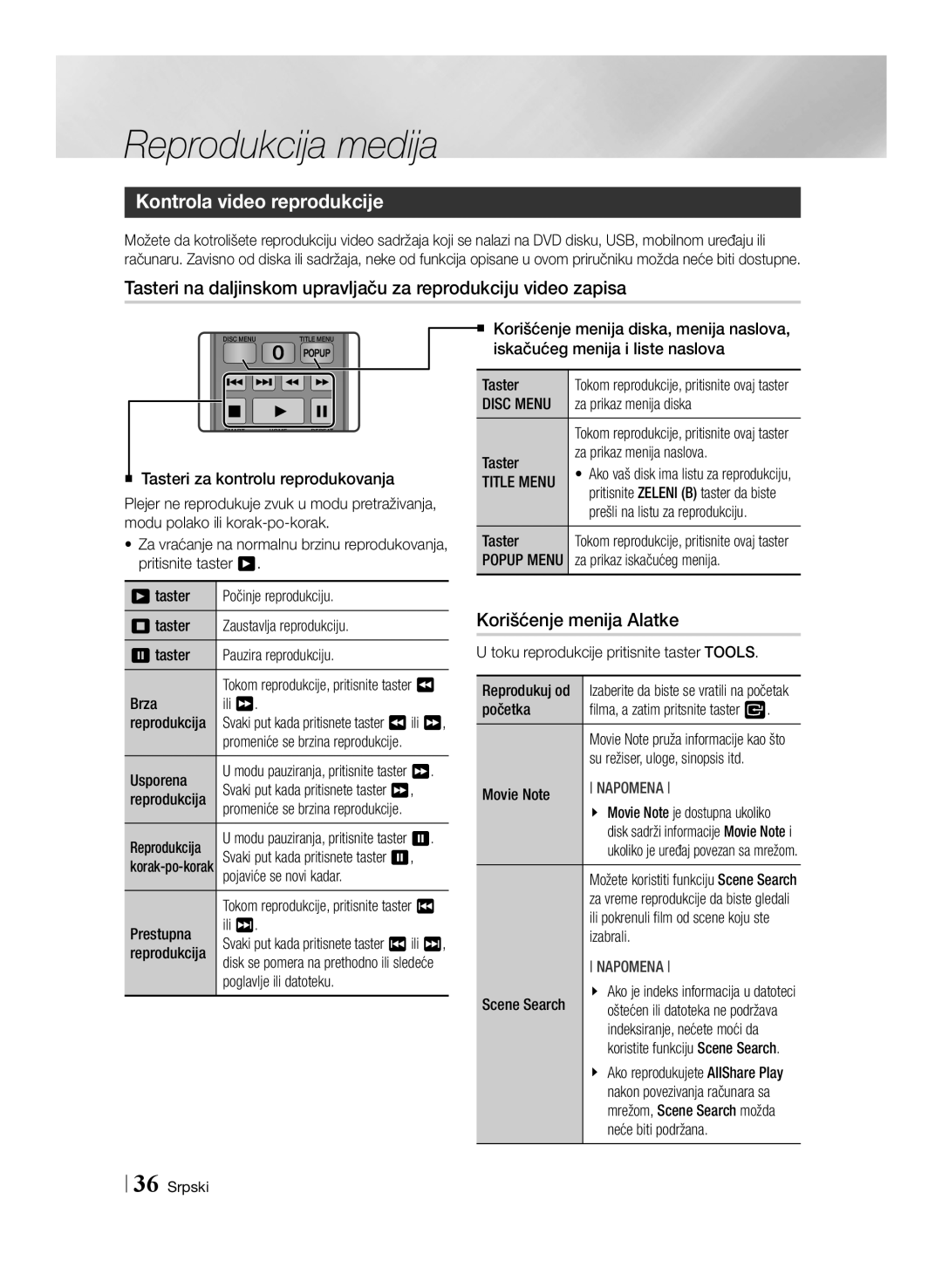 Samsung BD-E6100/EN Reprodukcija medija, Kontrola video reprodukcije, Korišćenje menija Alatke, Disc Menu, Title Menu 