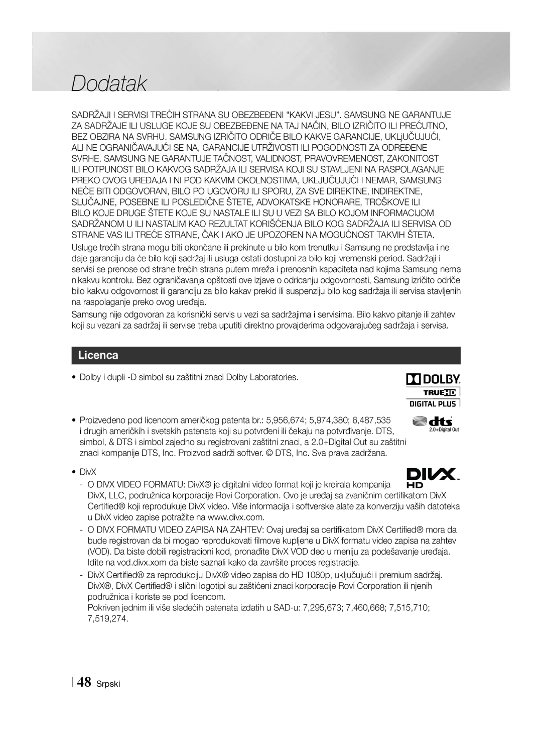 Samsung BD-E6100/EN manual Licenca, Dolby i dupli -D simbol su zaštitni znaci Dolby Laboratories 