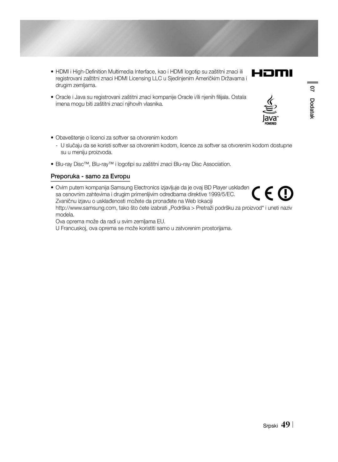 Samsung BD-E6100/EN manual Preporuka samo za Evropu 