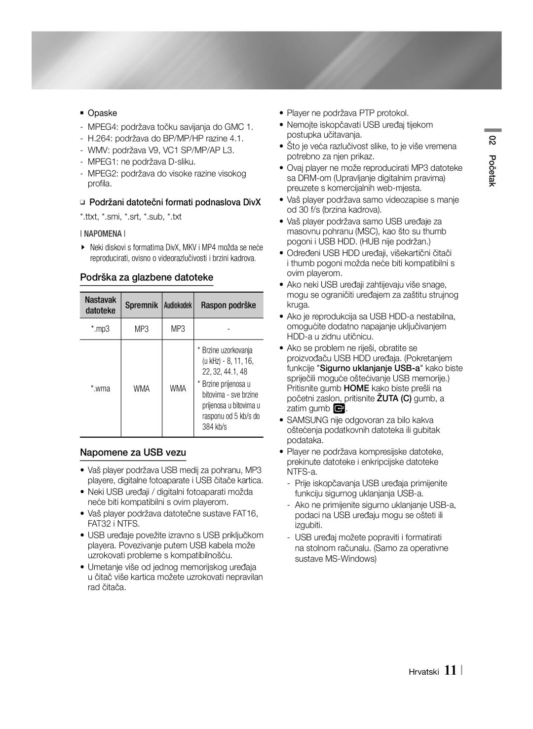 Samsung BD-E6100/EN manual Podrška za glazbene datoteke, Napomene za USB vezu 