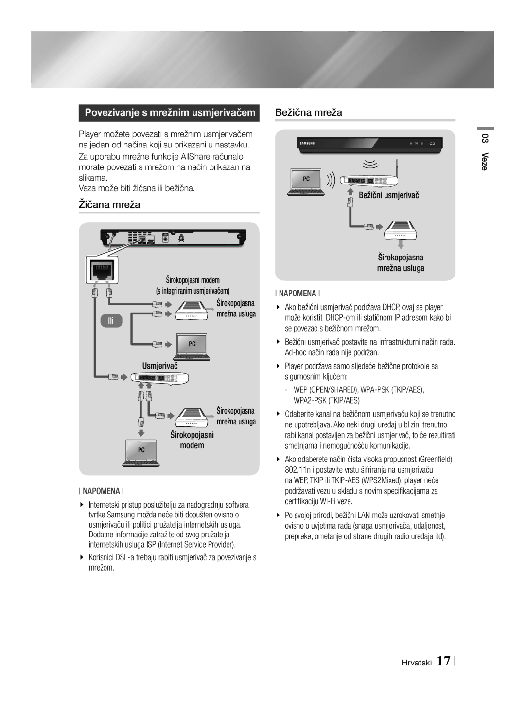 Samsung BD-E6100/EN manual Bežična mreža, Žičana mreža, Bežični usmjerivač, Usmjerivač, Širokopojasna mrežna usluga 