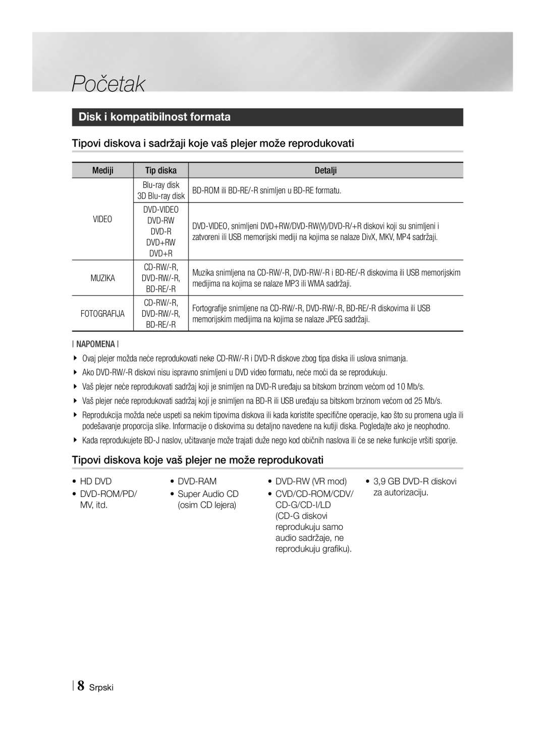 Samsung BD-E6100/EN manual Početak, Disk i kompatibilnost formata, Tipovi diskova koje vaš plejer ne može reprodukovati 