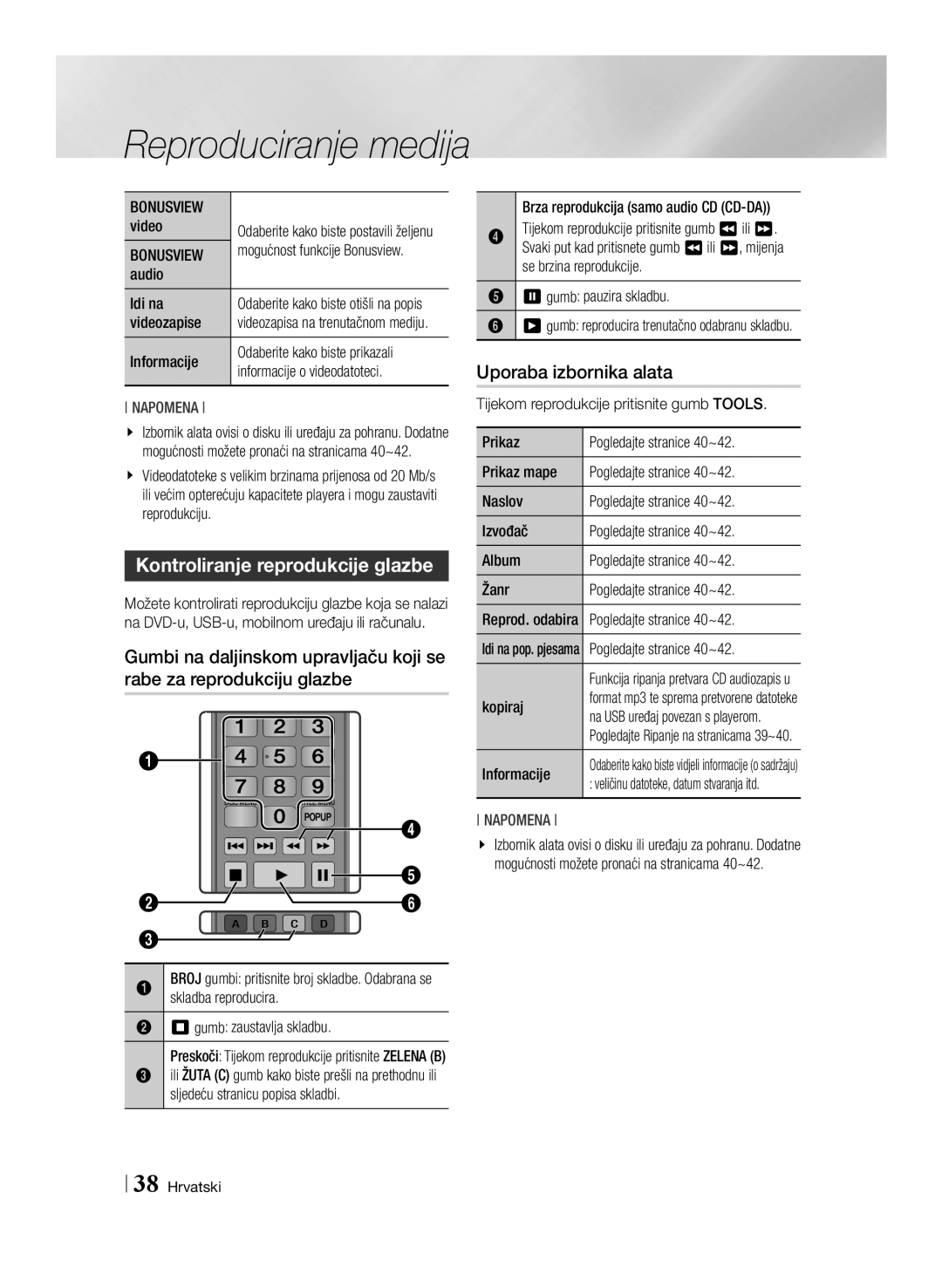 Samsung BD-E6100/EN manual Kontroliranje reprodukcije glazbe, Audio Idi na, Videozapise, Gumb zaustavlja skladbu, Kopiraj 