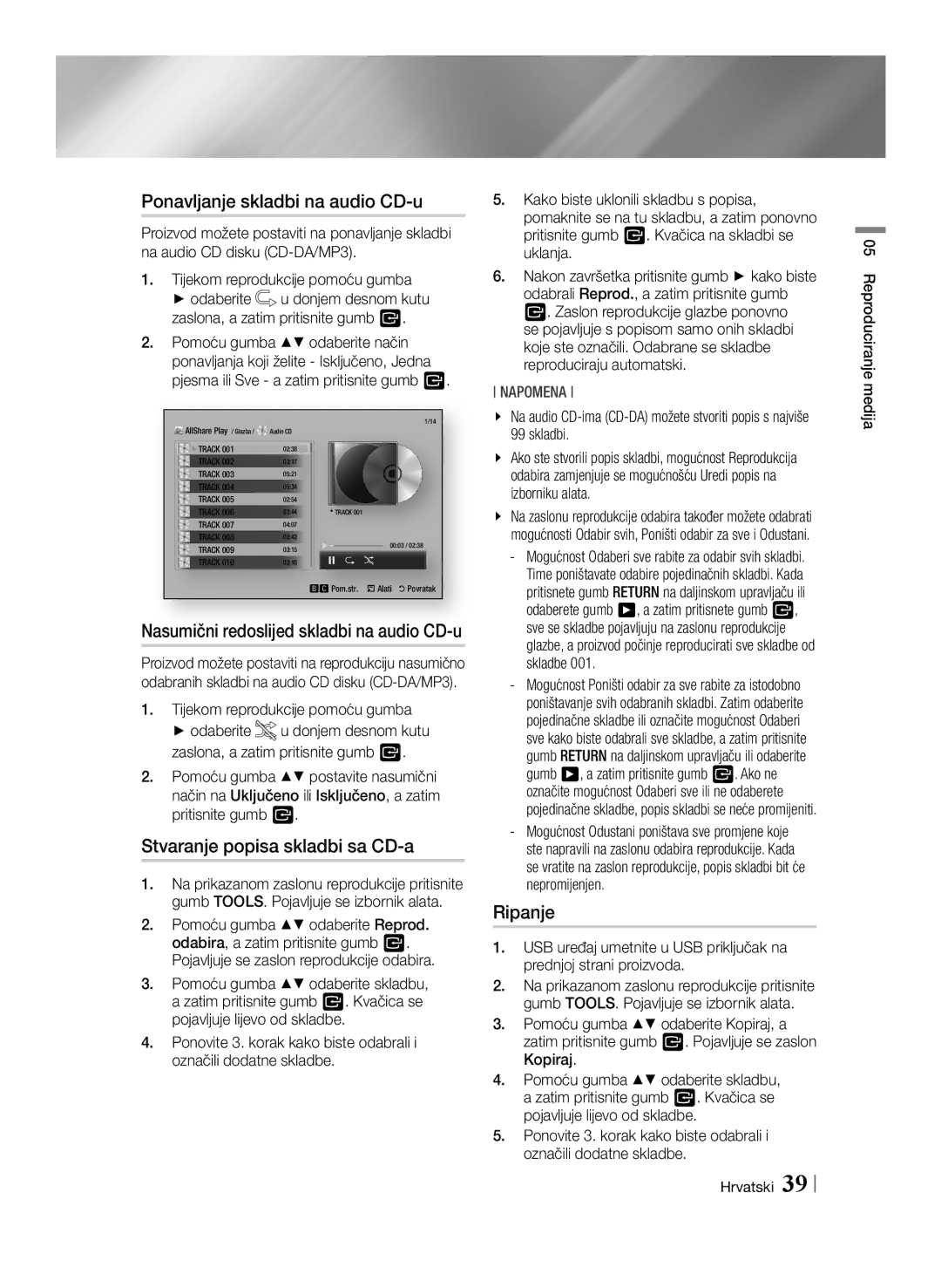 Samsung BD-E6100/EN manual Ponavljanje skladbi na audio CD-u, Stvaranje popisa skladbi sa CD-a, Ripanje 