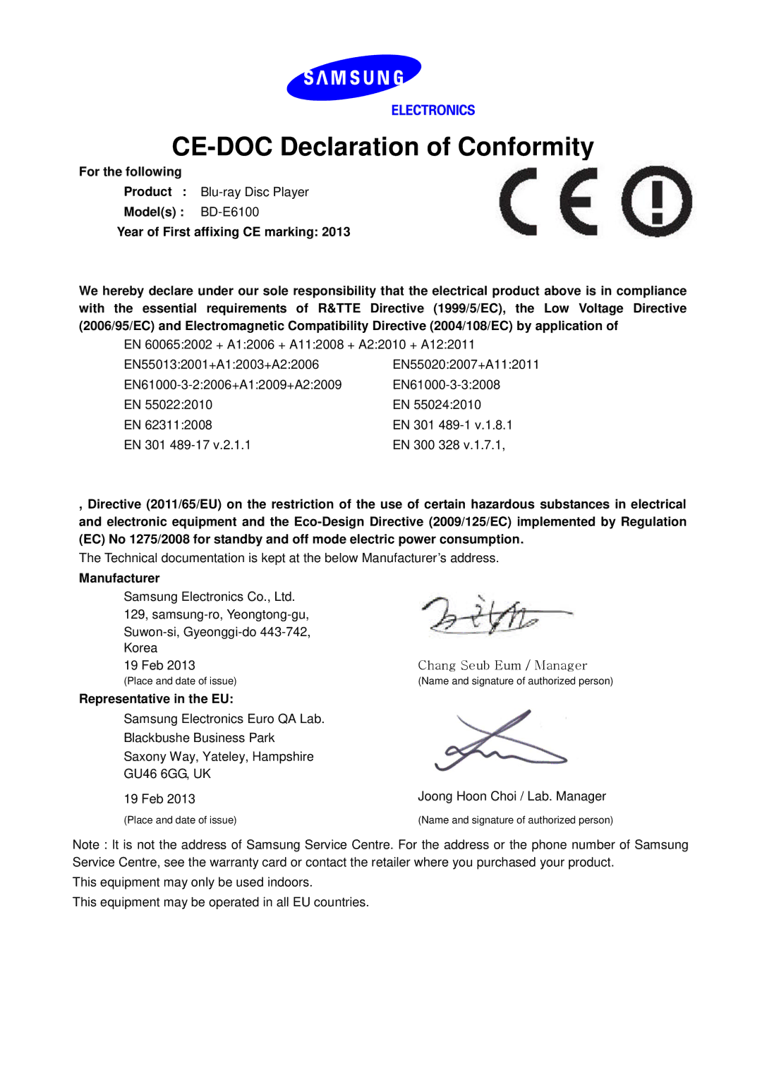 Samsung BD-E6100/EN manual CE-DOC Declaration of Conformity, For the following, Manufacturer, Representative in the EU 