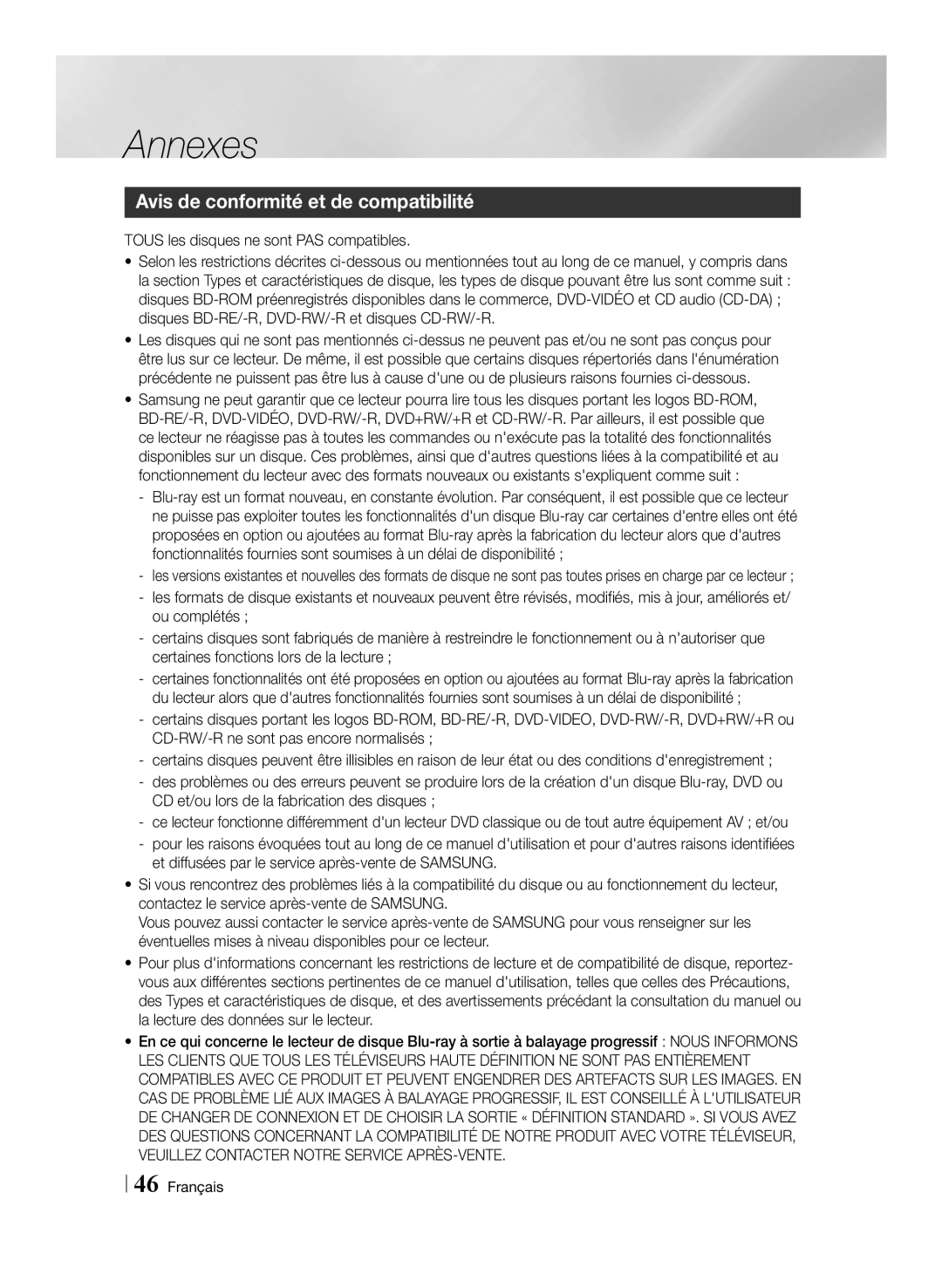 Samsung BD-E6100/XN manual Annexes, Avis de conformité et de compatibilité, CD et/ou lors de la fabrication des disques 