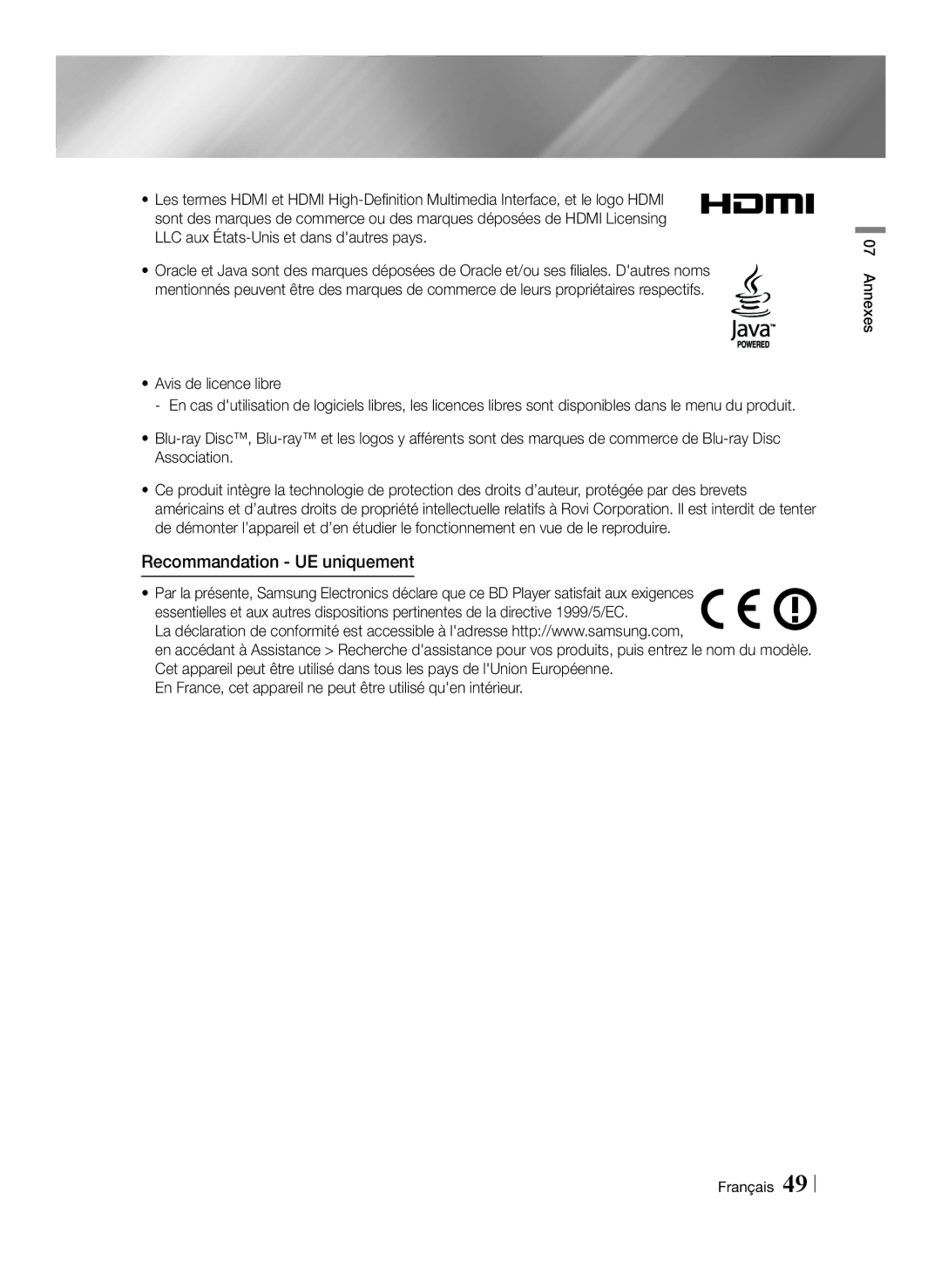 Samsung BD-E6100/XE, BD-E6100/XN, BD-E6100/EN, BD-E6100/ZF manual Recommandation UE uniquement 