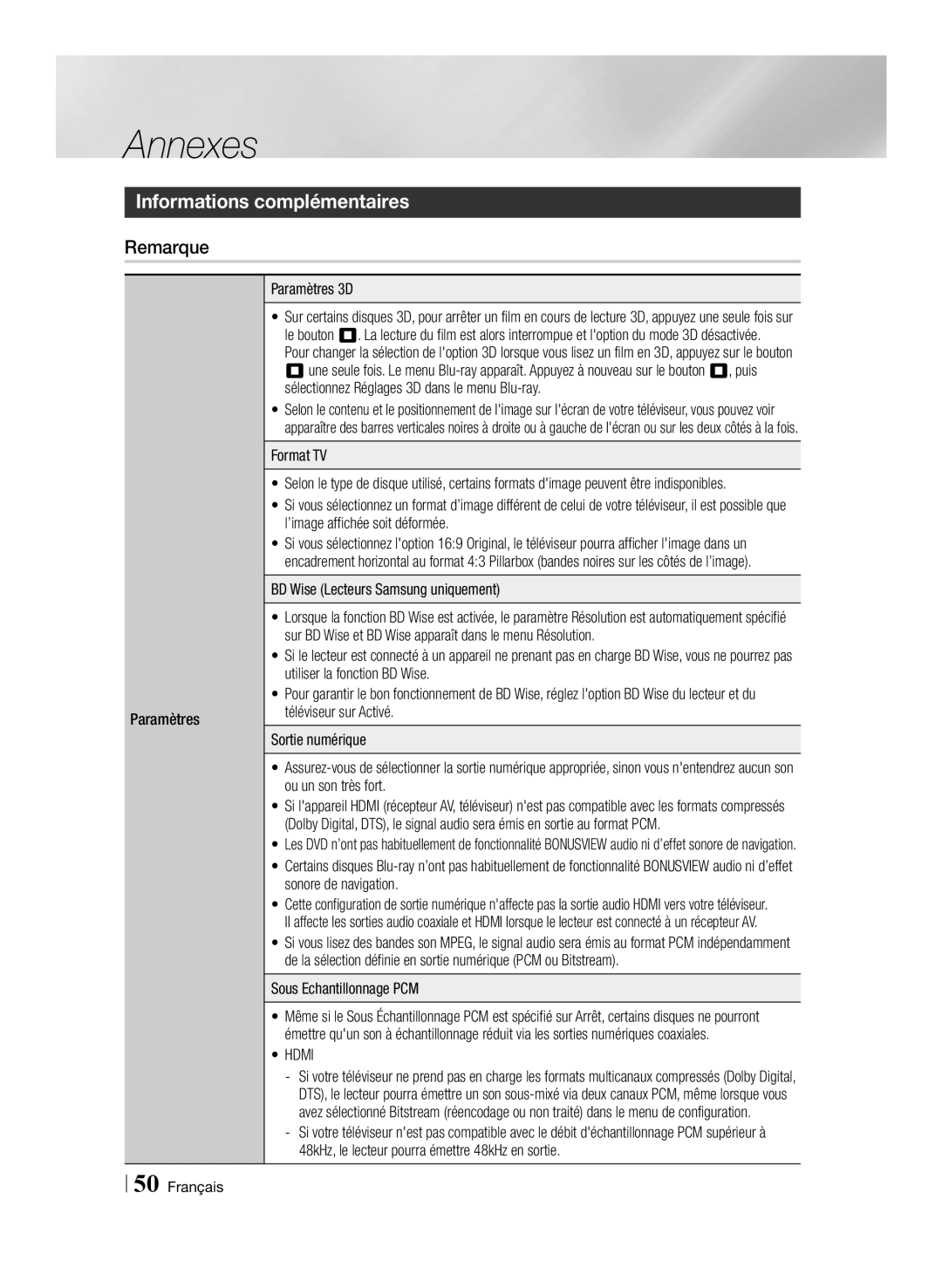 Samsung BD-E6100/XN Informations complémentaires, Remarque, Paramètres Paramètres 3D, BD Wise Lecteurs Samsung uniquement 