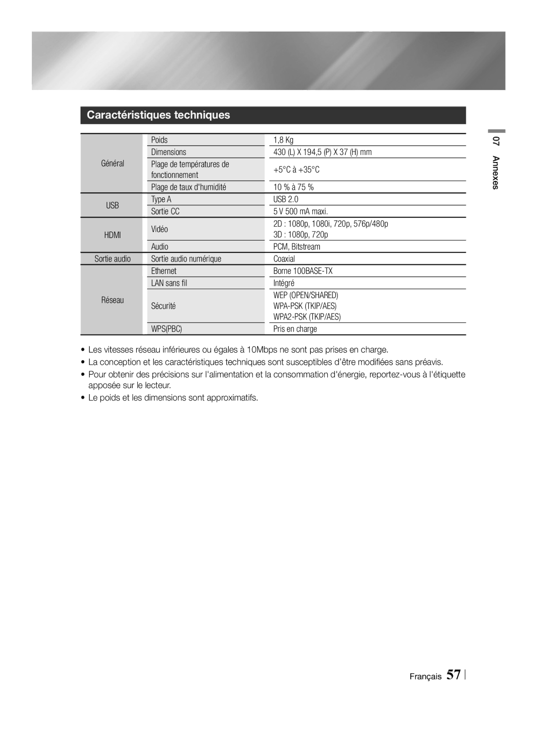 Samsung BD-E6100/XE manual Caractéristiques techniques, Poids, Type a USB Sortie CC 500 mA maxi, Sécurité, Pris en charge 