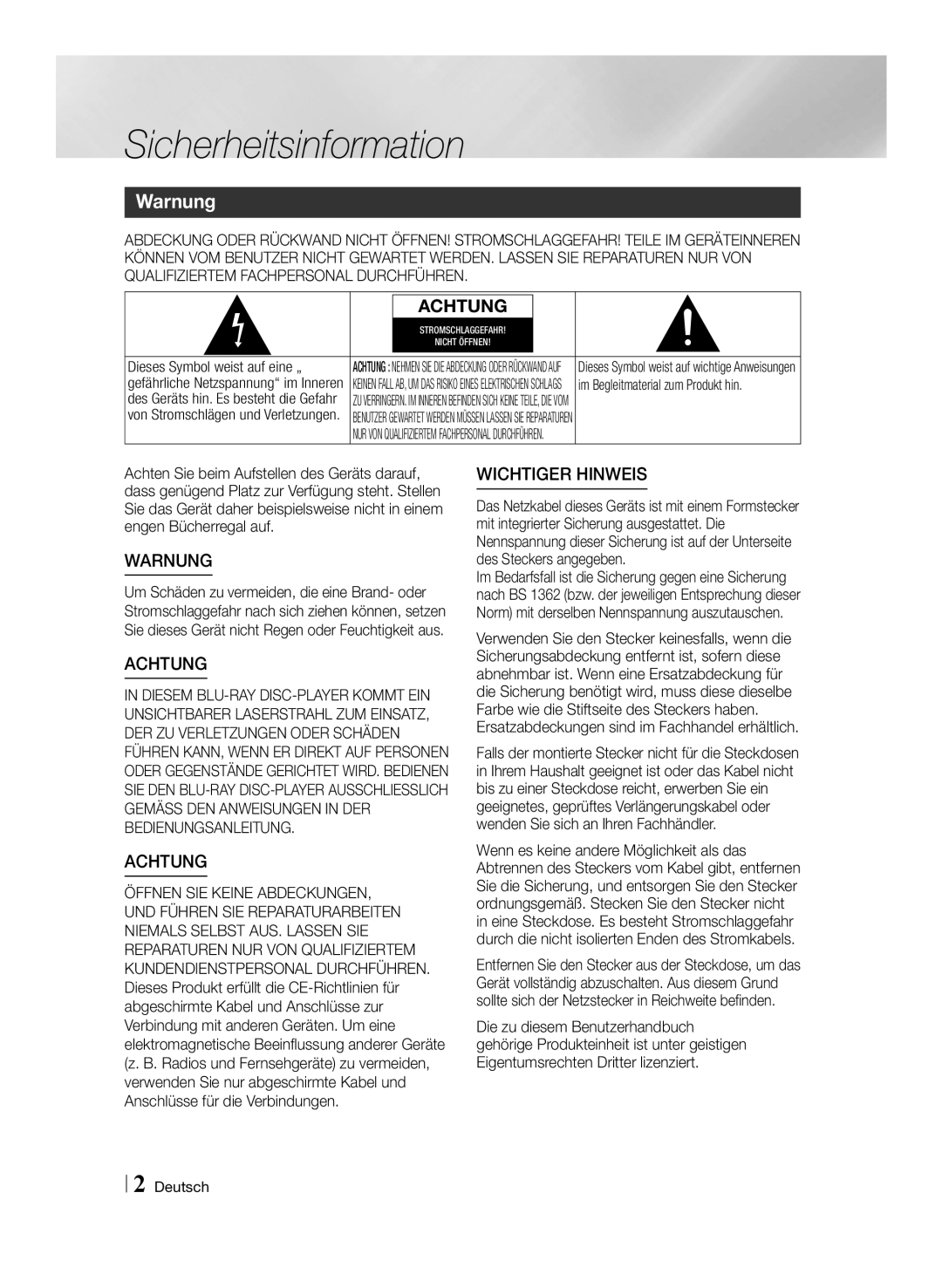 Samsung BD-E6100/XE, BD-E6100/XN, BD-E6100/EN manual Sicherheitsinformation, Warnung, Dieses Symbol weist auf eine „, Deutsch 