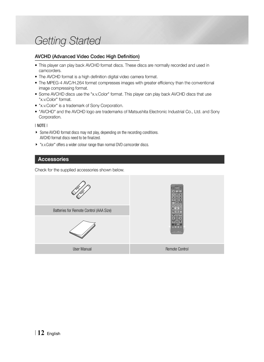 Samsung BD-E6100/XN, BD-E6100/EN, BD-E6100/ZF, BD-E6100/XE manual Accessories, Avchd Advanced Video Codec High Definition 