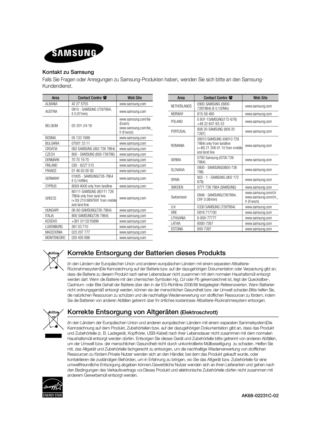 Samsung BD-E6100/XN Korrekte Entsorgung der Batterien dieses Produkts, Korrekte Entsorgung von Altgeräten Elektroschrott 