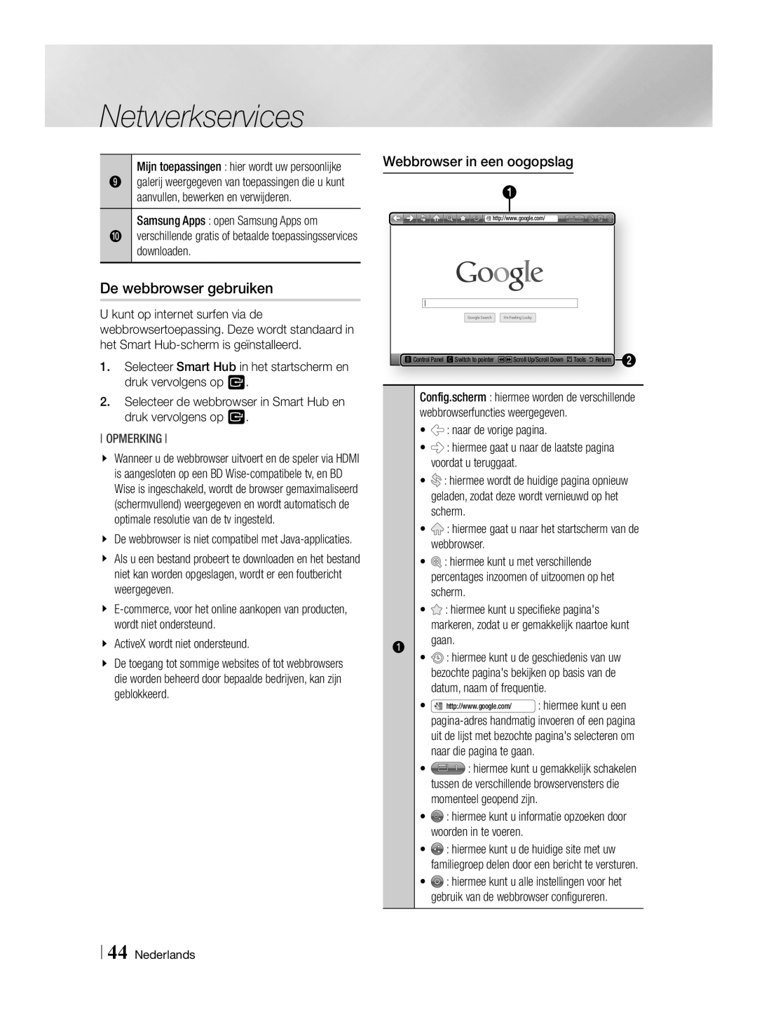 Samsung BD-E6100/XN, BD-E6100/EN, BD-E6100/ZF De webbrowser gebruiken, Webbrowser in een oogopslag, Naar de vorige pagina 