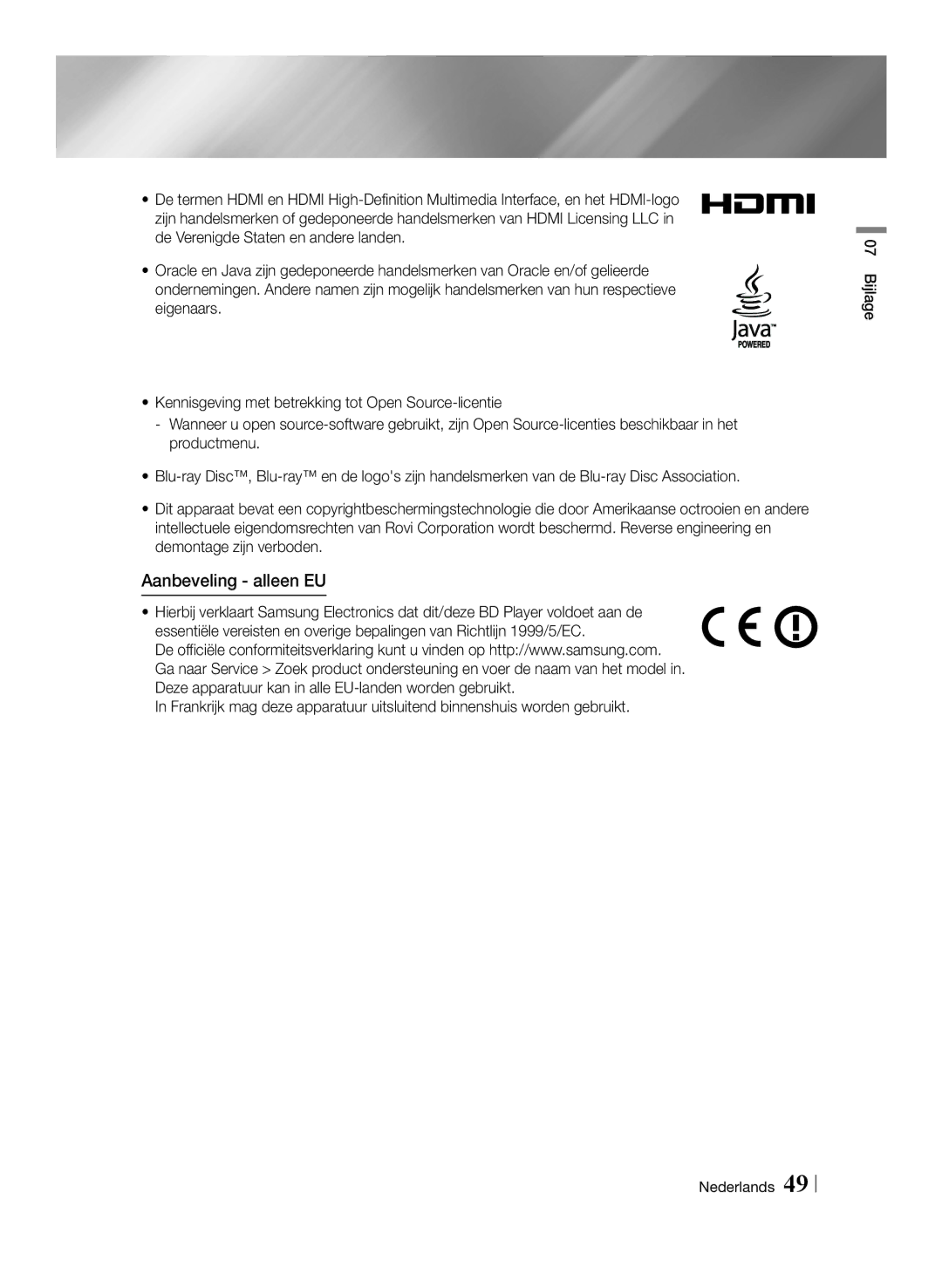 Samsung BD-E6100/EN, BD-E6100/XN, BD-E6100/ZF, BD-E6100/XE manual Aanbeveling alleen EU 