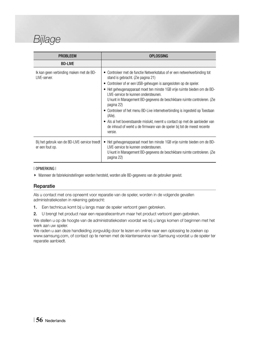 Samsung BD-E6100/XN, BD-E6100/EN, BD-E6100/ZF, BD-E6100/XE manual Reparatie, Probleem Oplossing BD-LIVE 