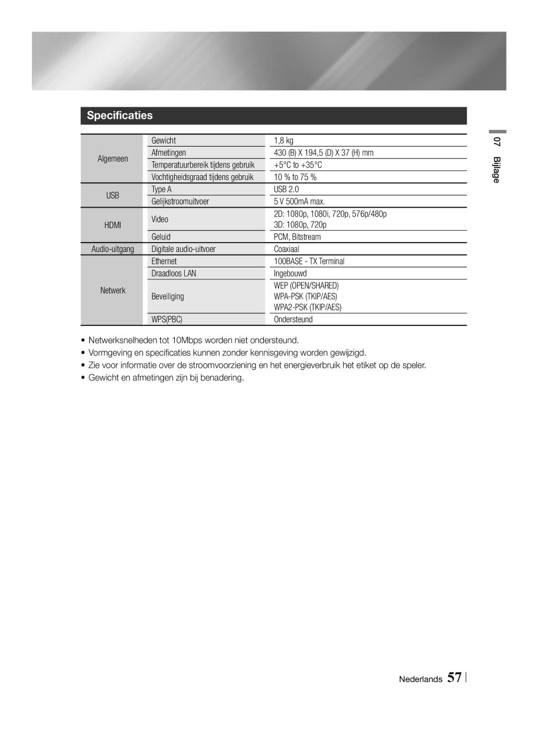 Samsung BD-E6100/EN Specificaties, Afmetingen X 194,5 D X 37 H mm, Type a USB Gelijkstroomuitvoer 500mA max, Beveiliging 