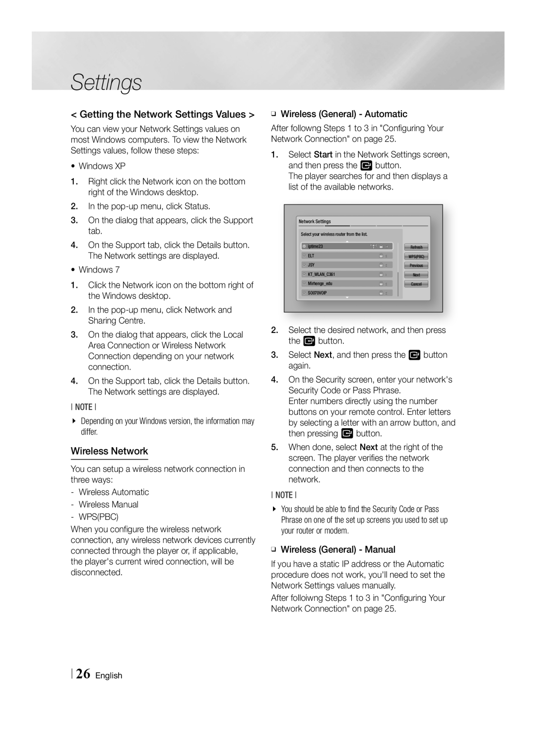 Samsung BD-E6100/ZF, BD-E6100/XN manual Getting the Network Settings Values, Wireless Network, ĞĞ Wireless General Manual 