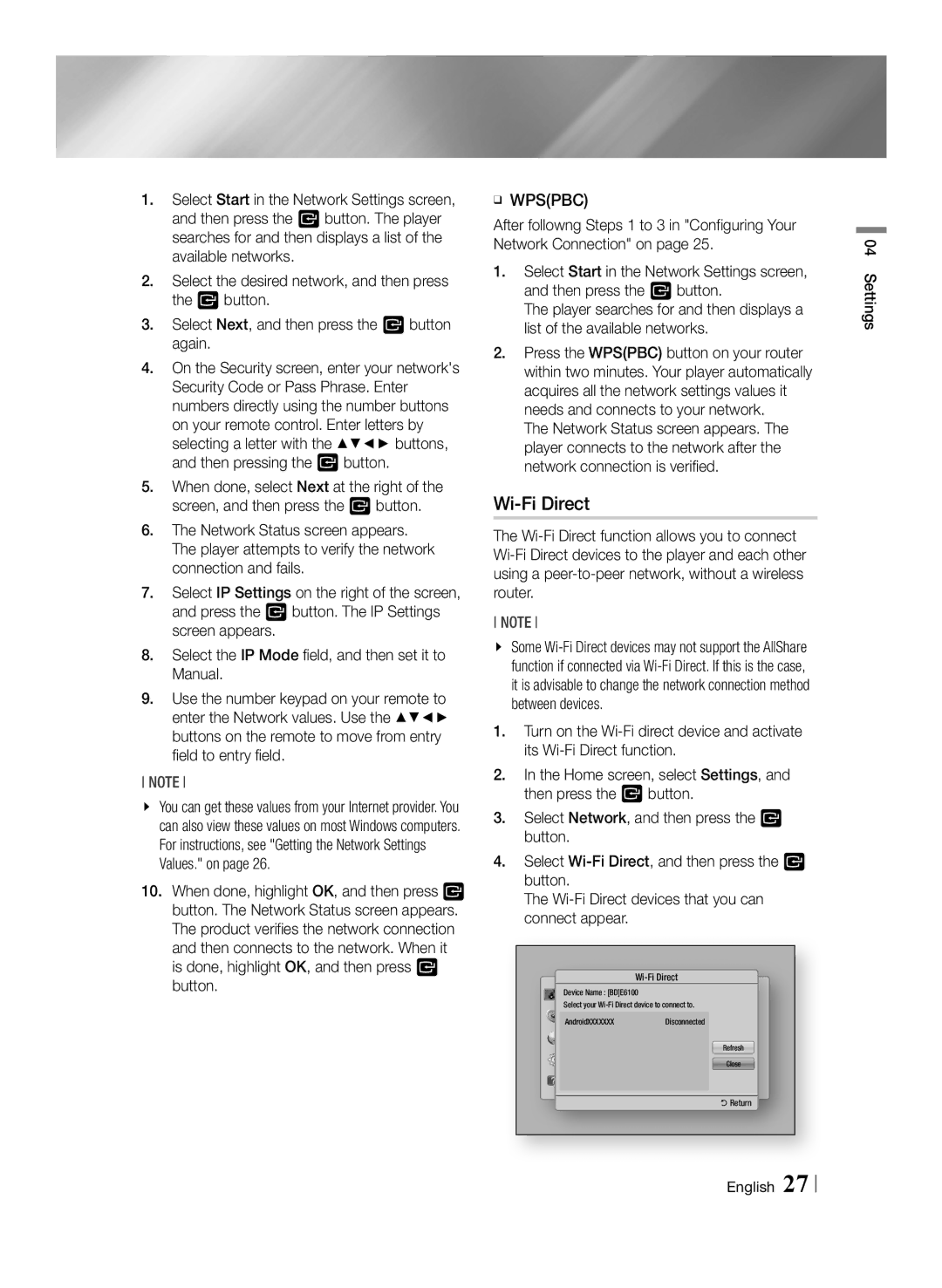 Samsung BD-E6100/XE, BD-E6100/XN, BD-E6100/EN, BD-E6100/ZF manual Wi-Fi Direct, ĞĞ Wpspbc, English Settings 