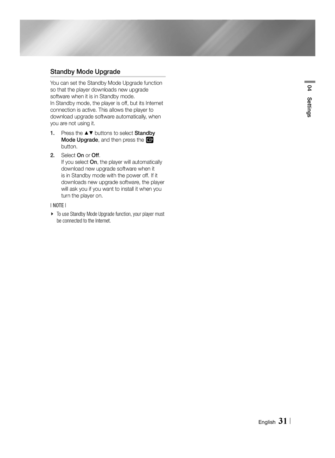 Samsung BD-E6100/XE, BD-E6100/XN, BD-E6100/EN, BD-E6100/ZF manual Standby Mode Upgrade 