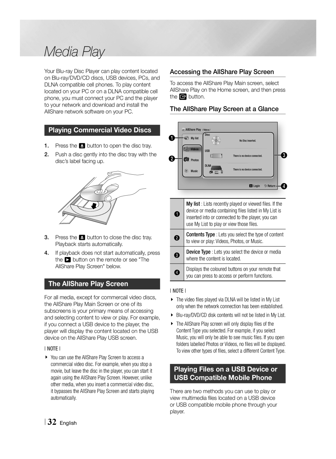 Samsung BD-E6100/XN, BD-E6100/EN manual Media Play, Accessing the AllShare Play Screen, AllShare Play Screen at a Glance 