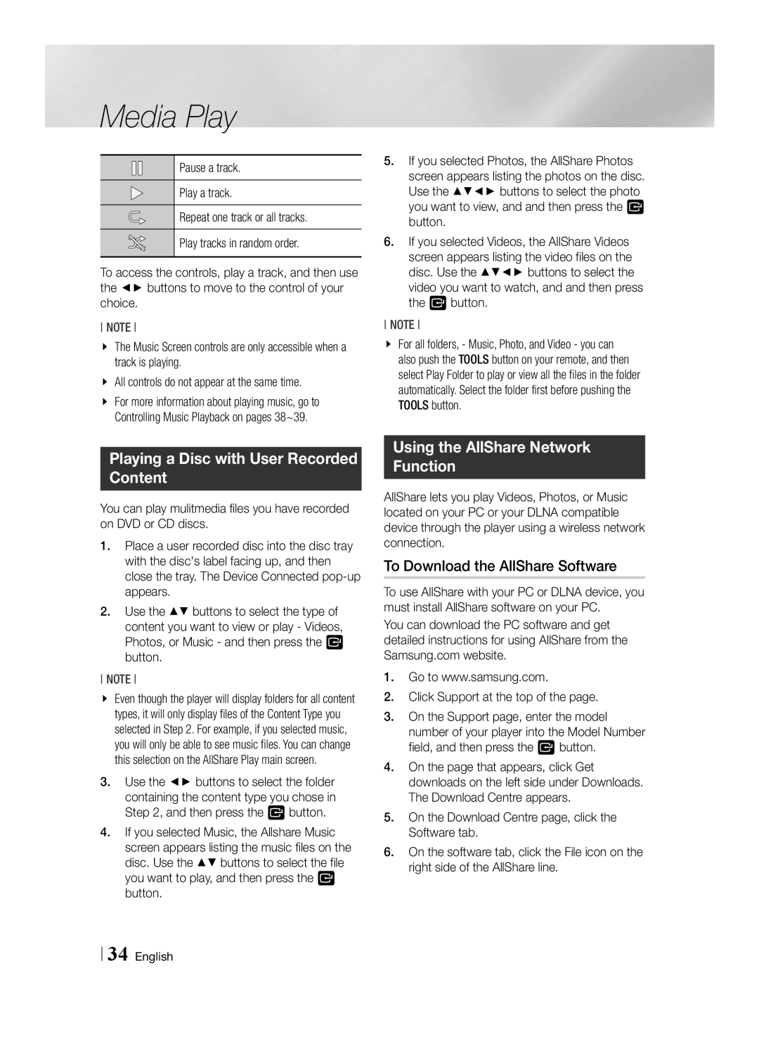 Samsung BD-E6100/ZF, BD-E6100/XN manual Playing a Disc with User Recorded Content, Using the AllShare Network Function 