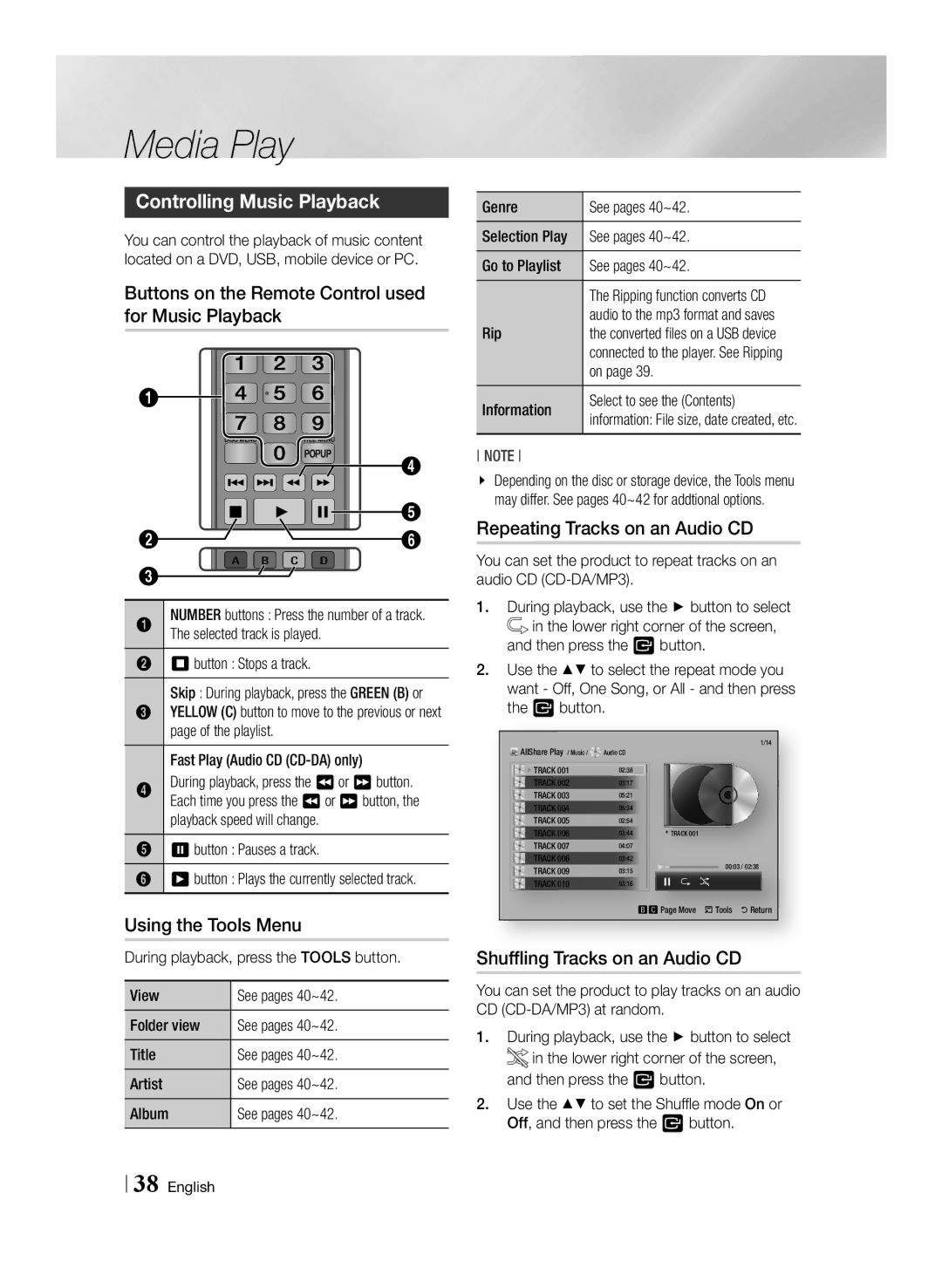 Samsung BD-E6100/ZF, BD-E6100/XN manual Controlling Music Playback, Buttons on the Remote Control used for Music Playback 