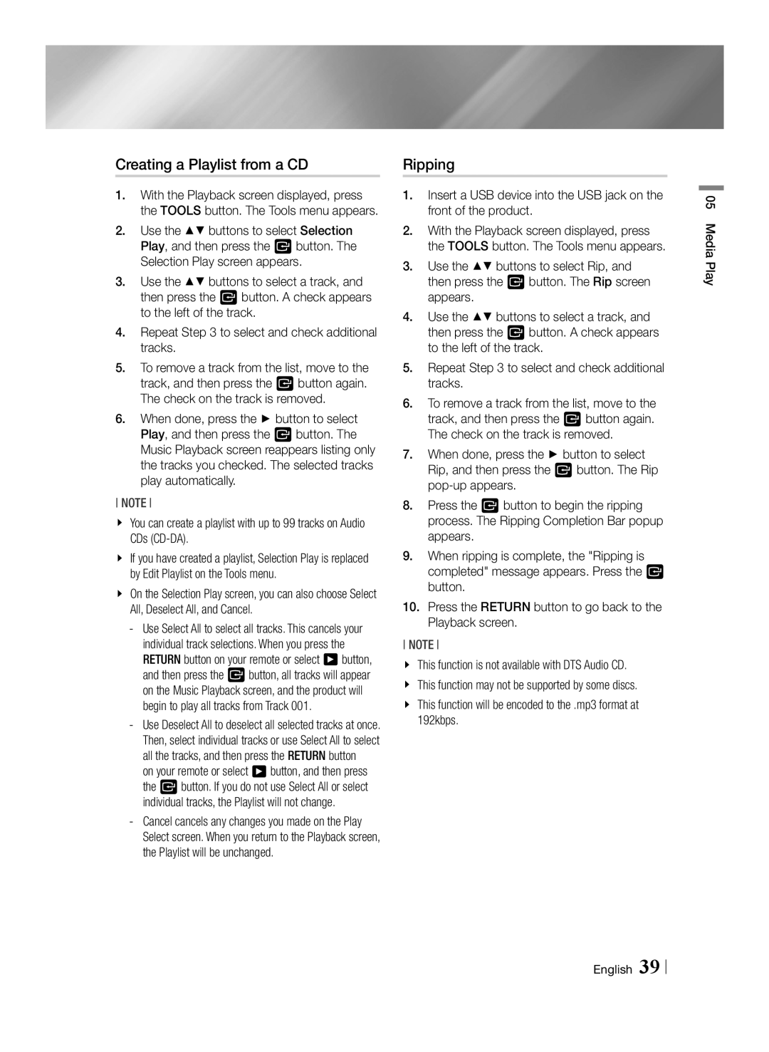 Samsung BD-E6100/XE, BD-E6100/XN, BD-E6100/EN, BD-E6100/ZF manual Creating a Playlist from a CD, Ripping, 192kbps 