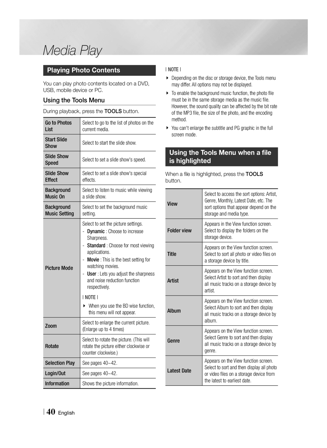 Samsung BD-E6100/XN, BD-E6100/EN, BD-E6100/ZF manual Playing Photo Contents, Using the Tools Menu when a file is highlighted 