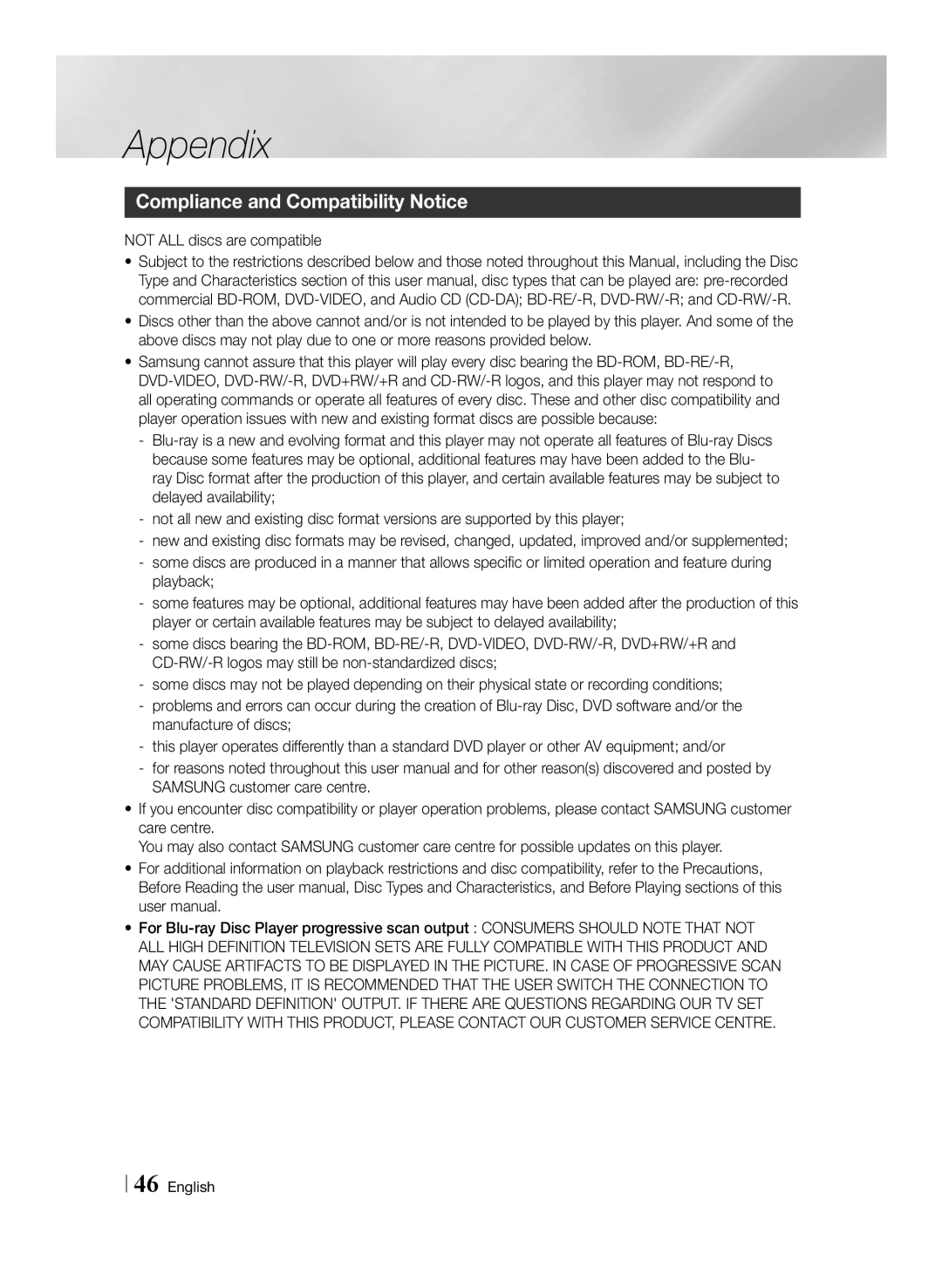 Samsung BD-E6100/ZF, BD-E6100/XN, BD-E6100/EN, BD-E6100/XE manual Appendix, Compliance and Compatibility Notice 