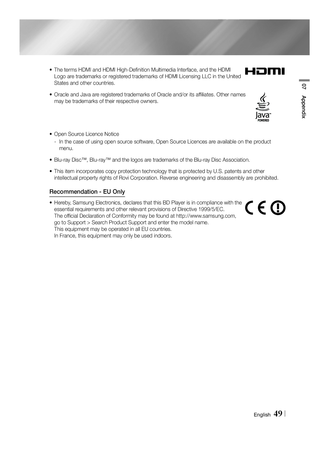 Samsung BD-E6100/EN, BD-E6100/XN, BD-E6100/ZF, BD-E6100/XE manual Recommendation EU Only 