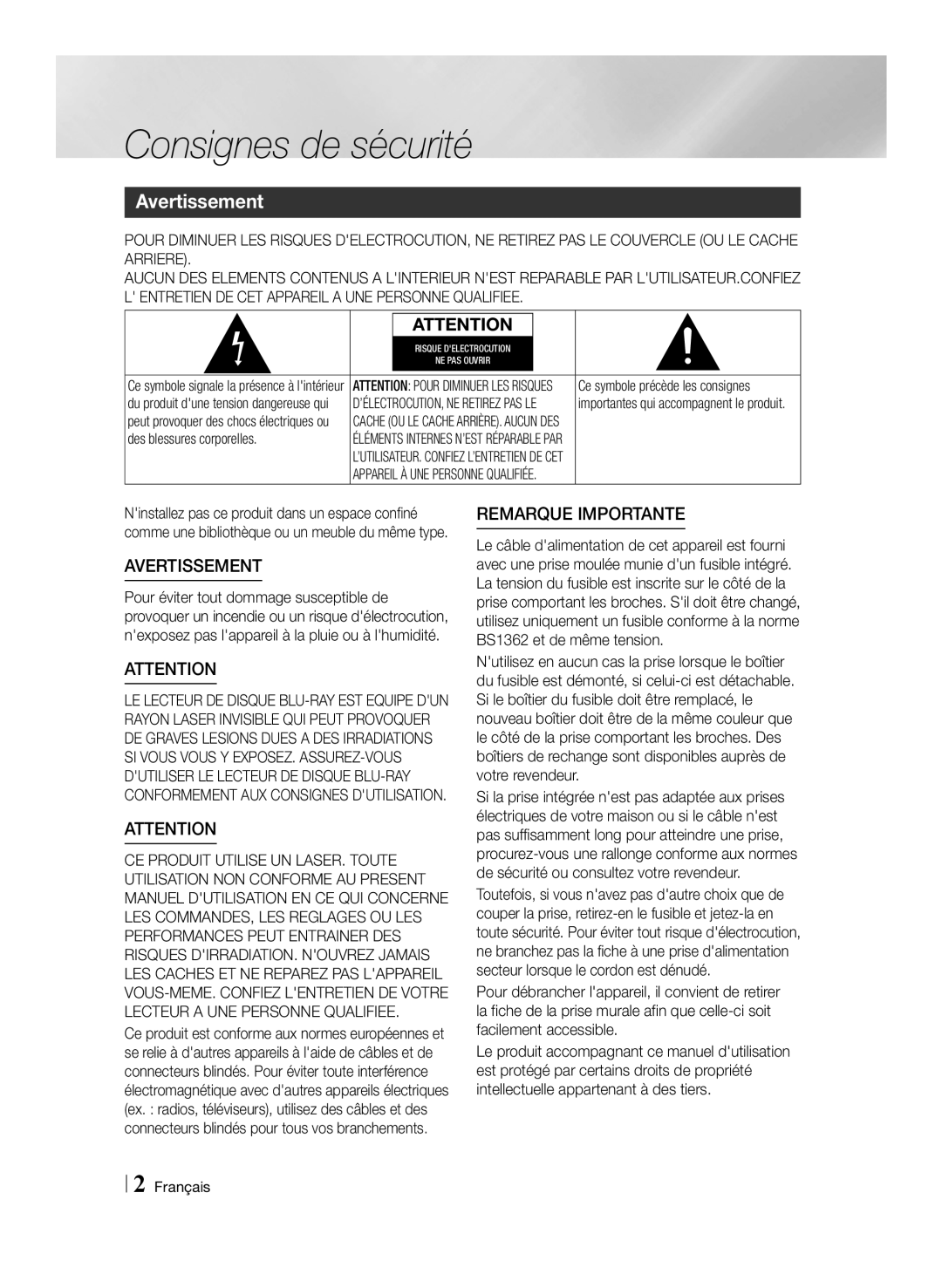 Samsung BD-E6100/XN, BD-E6100/EN, BD-E6100/ZF Consignes de sécurité, Avertissement, Des blessures corporelles, Français 