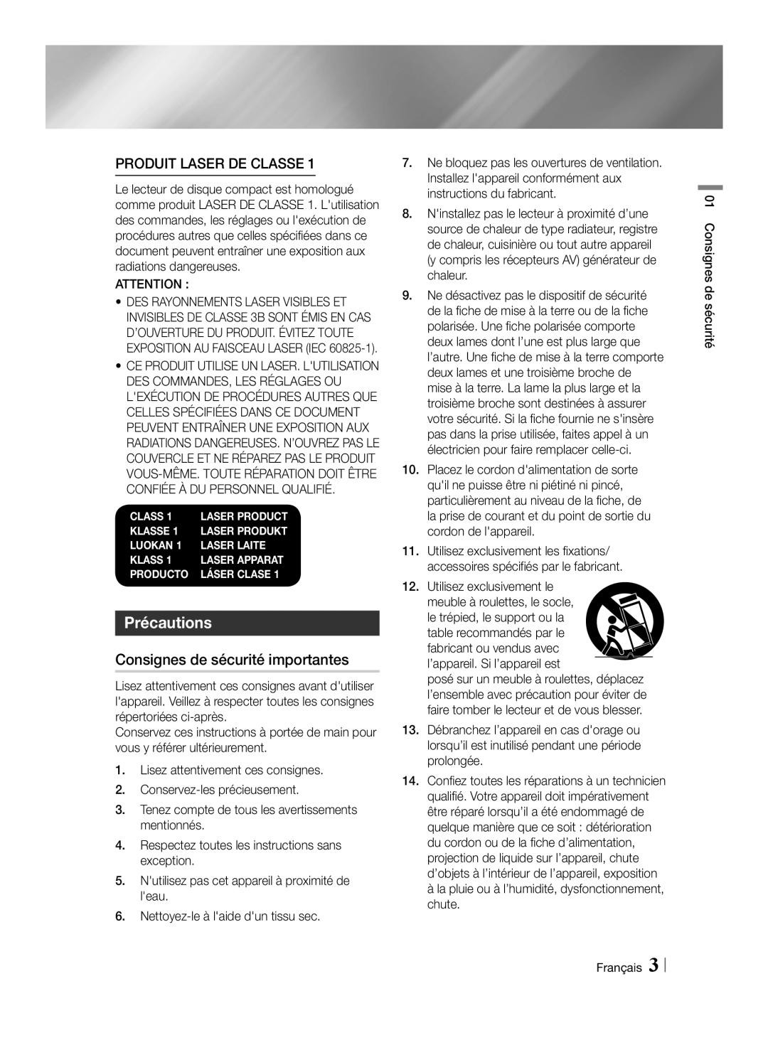 Samsung BD-E6100/EN, BD-E6100/XN manual Précautions, Consignes de sécurité importantes, Consignes de sécurité Français 