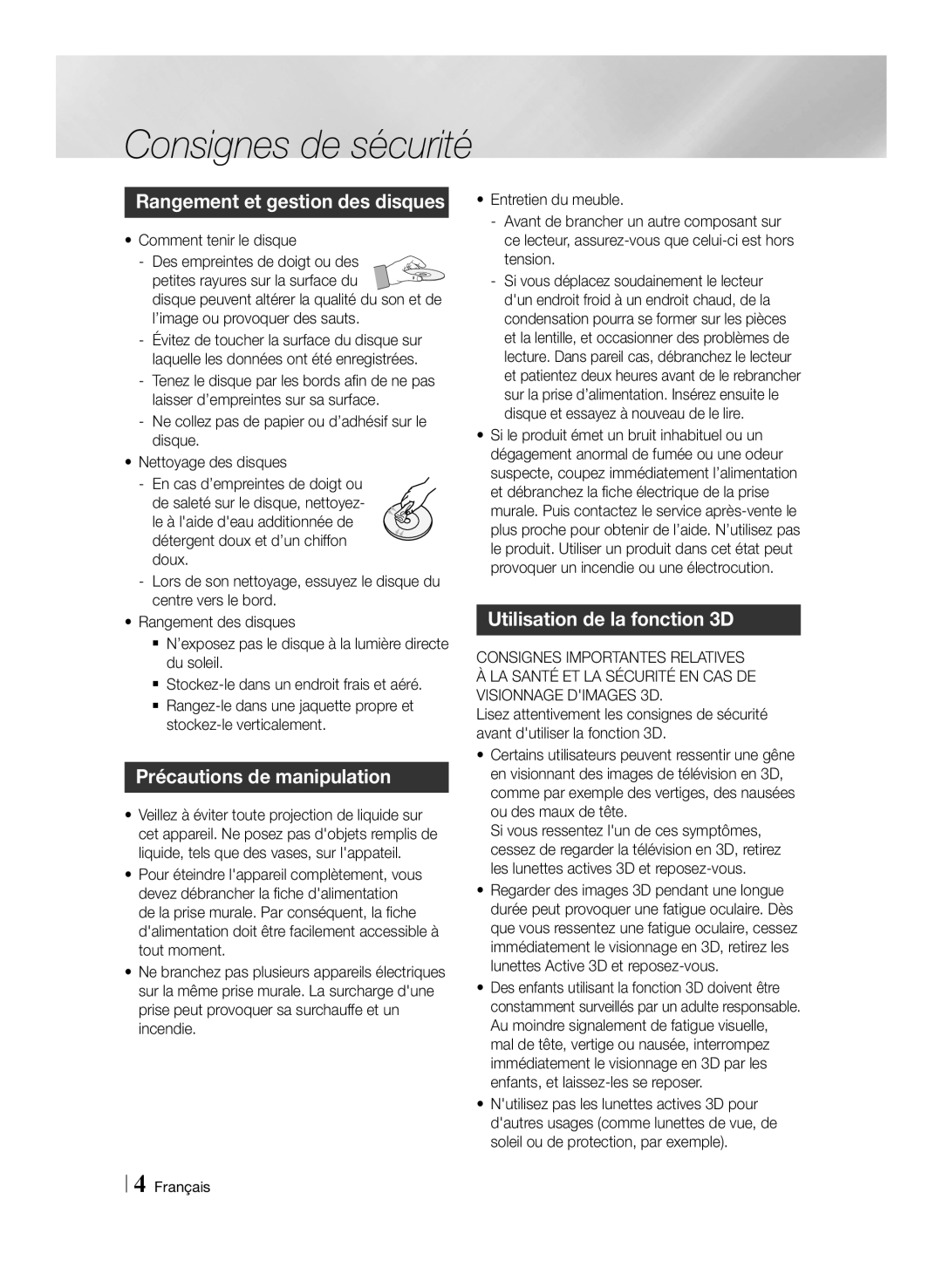 Samsung BD-E6100/ZF manual Rangement et gestion des disques, Précautions de manipulation, Utilisation de la fonction 3D 