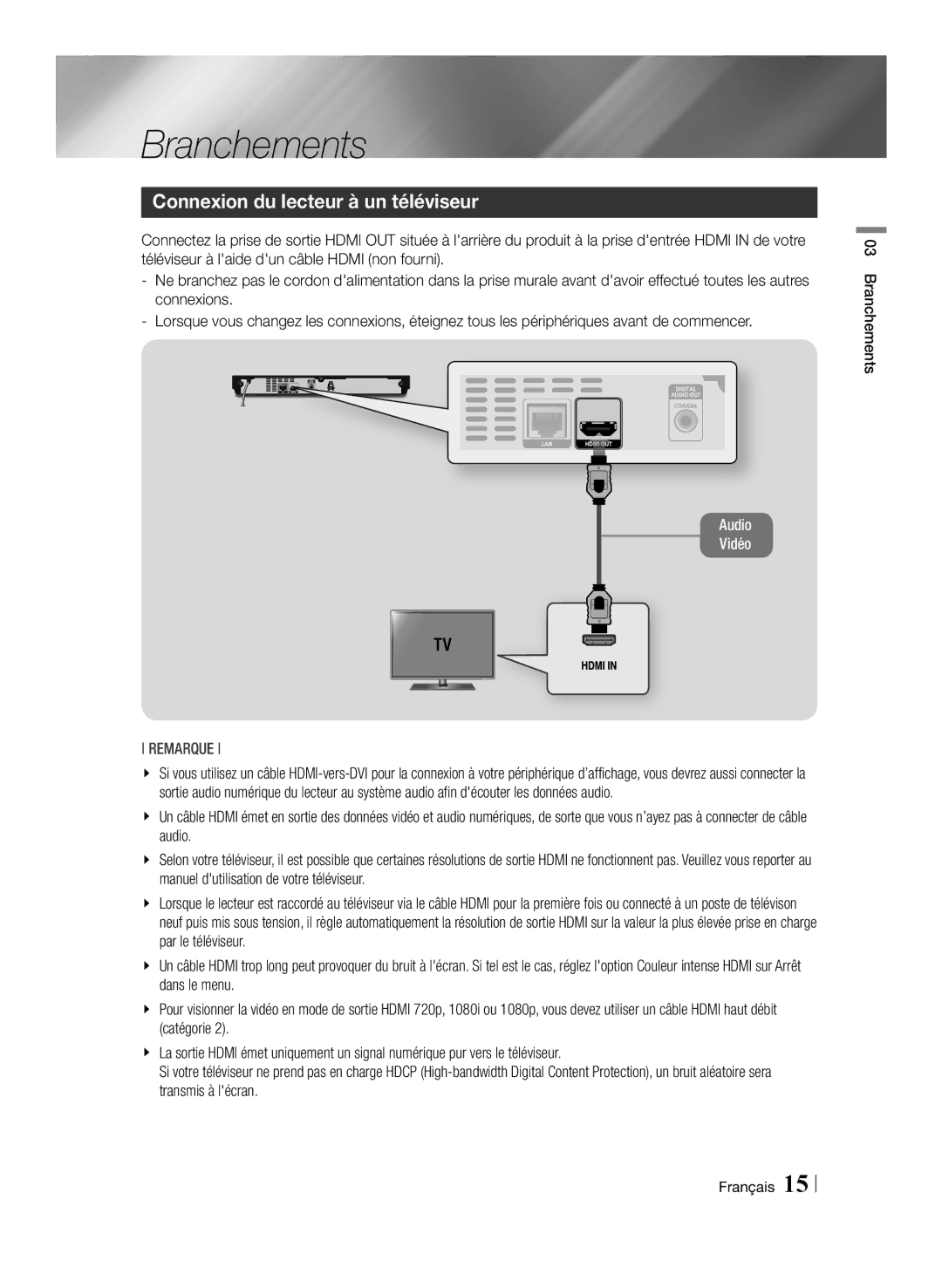 Samsung BD-E6100/EN, BD-E6100/XN, BD-E6100/ZF, BD-E6100/XE Connexion du lecteur à un téléviseur, Branchements Français 