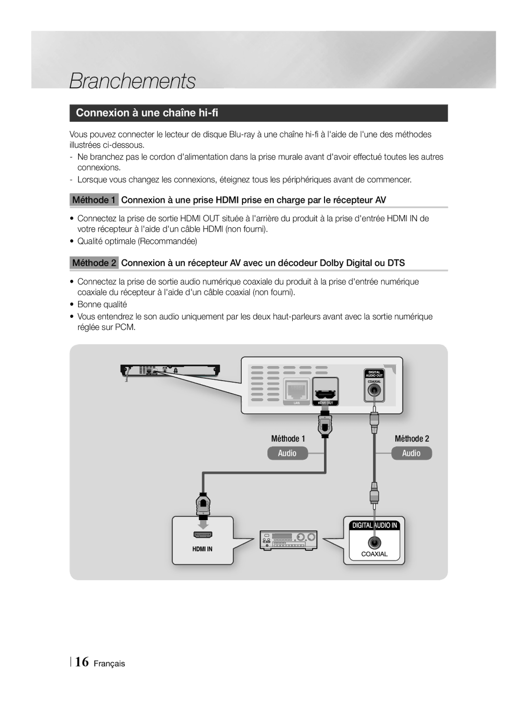 Samsung BD-E6100/ZF, BD-E6100/XN, BD-E6100/EN, BD-E6100/XE manual Connexion à une chaîne hi-fi, Méthode 