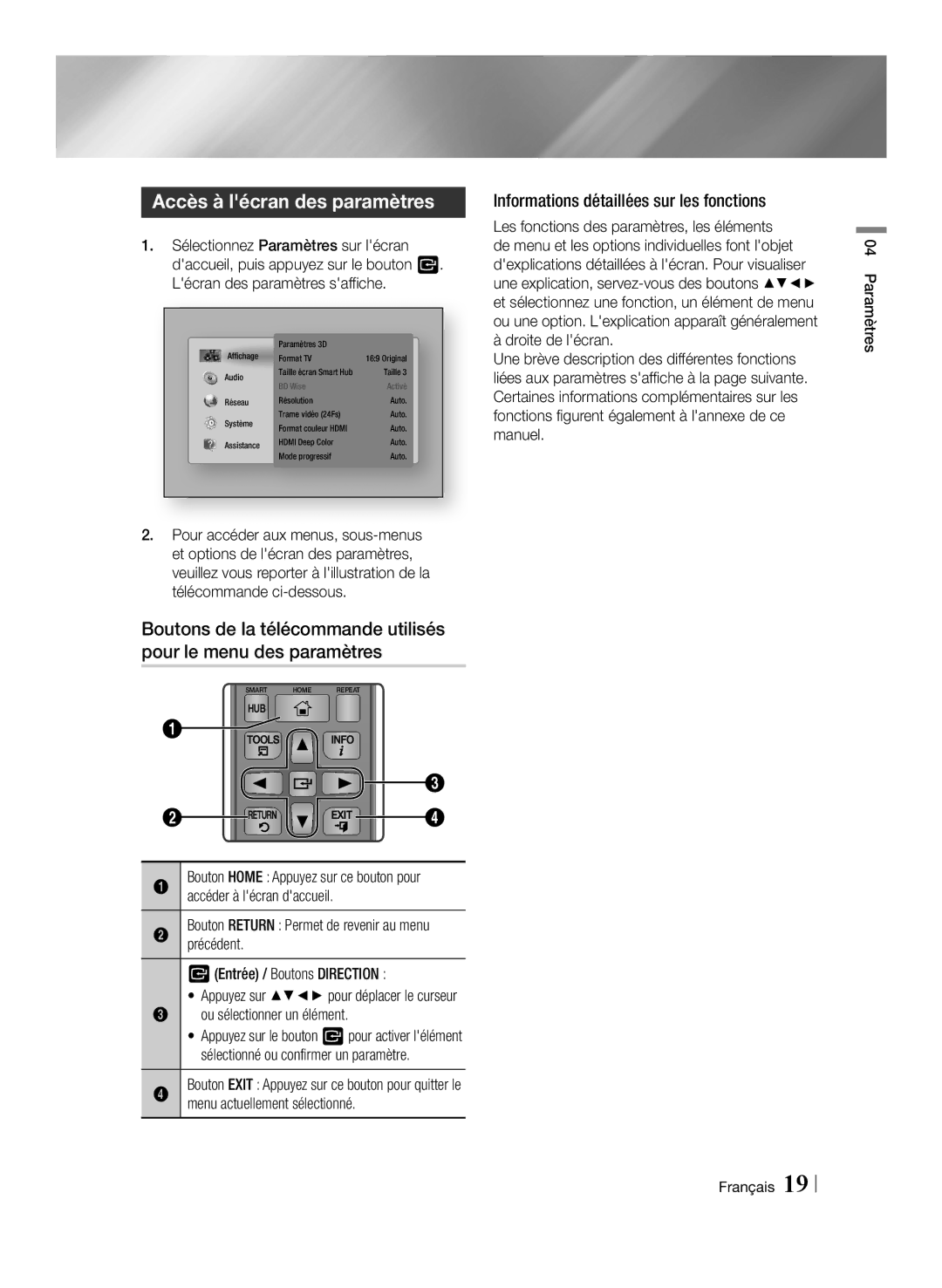 Samsung BD-E6100/EN, BD-E6100/XN, BD-E6100/ZF manual Accès à lécran des paramètres, Informations détaillées sur les fonctions 