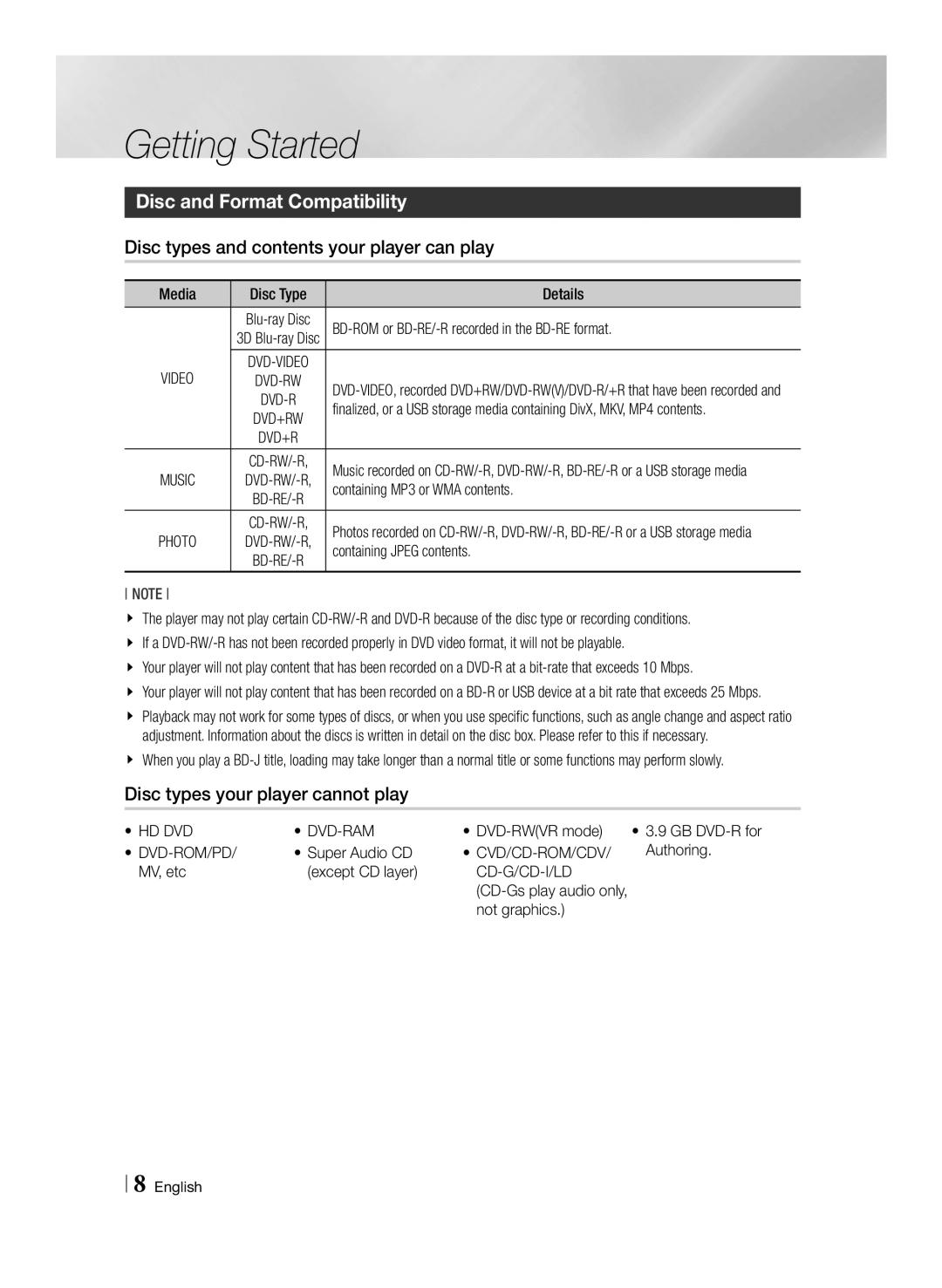 Samsung BD-E6100/XN manual Getting Started, Disc and Format Compatibility, Disc types and contents your player can play 